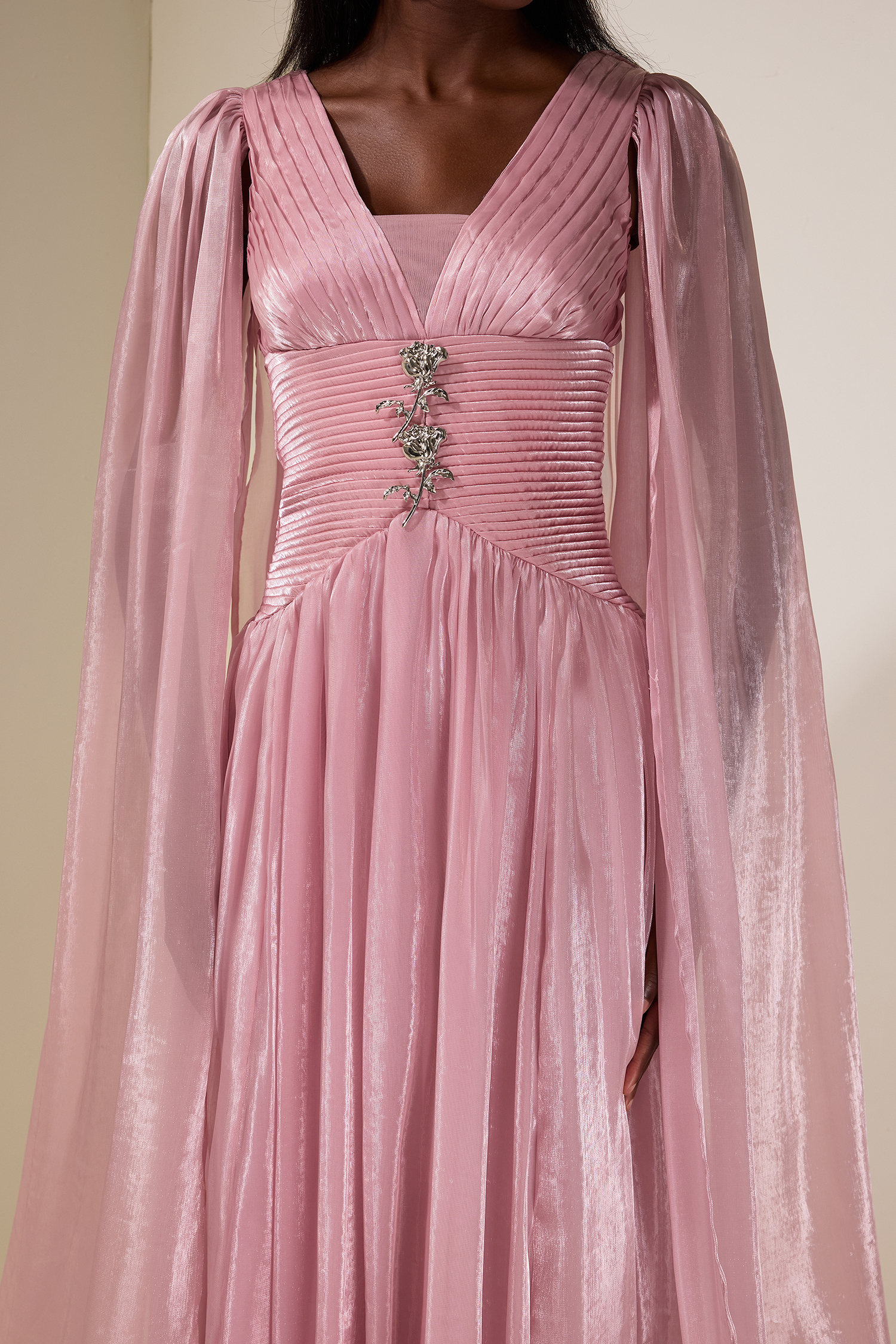 Pleated Metal Decorations Cape Sleeve Maxi Dress