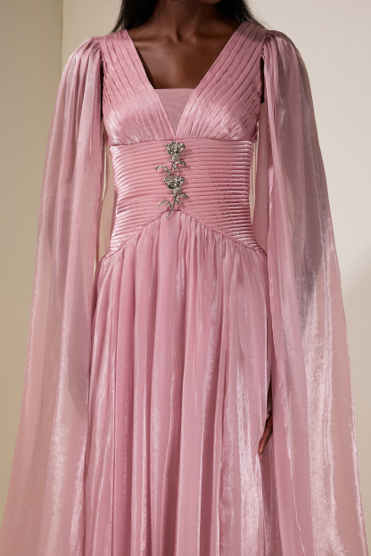 Pleated Metal Decorations Cape Sleeve Maxi Dress