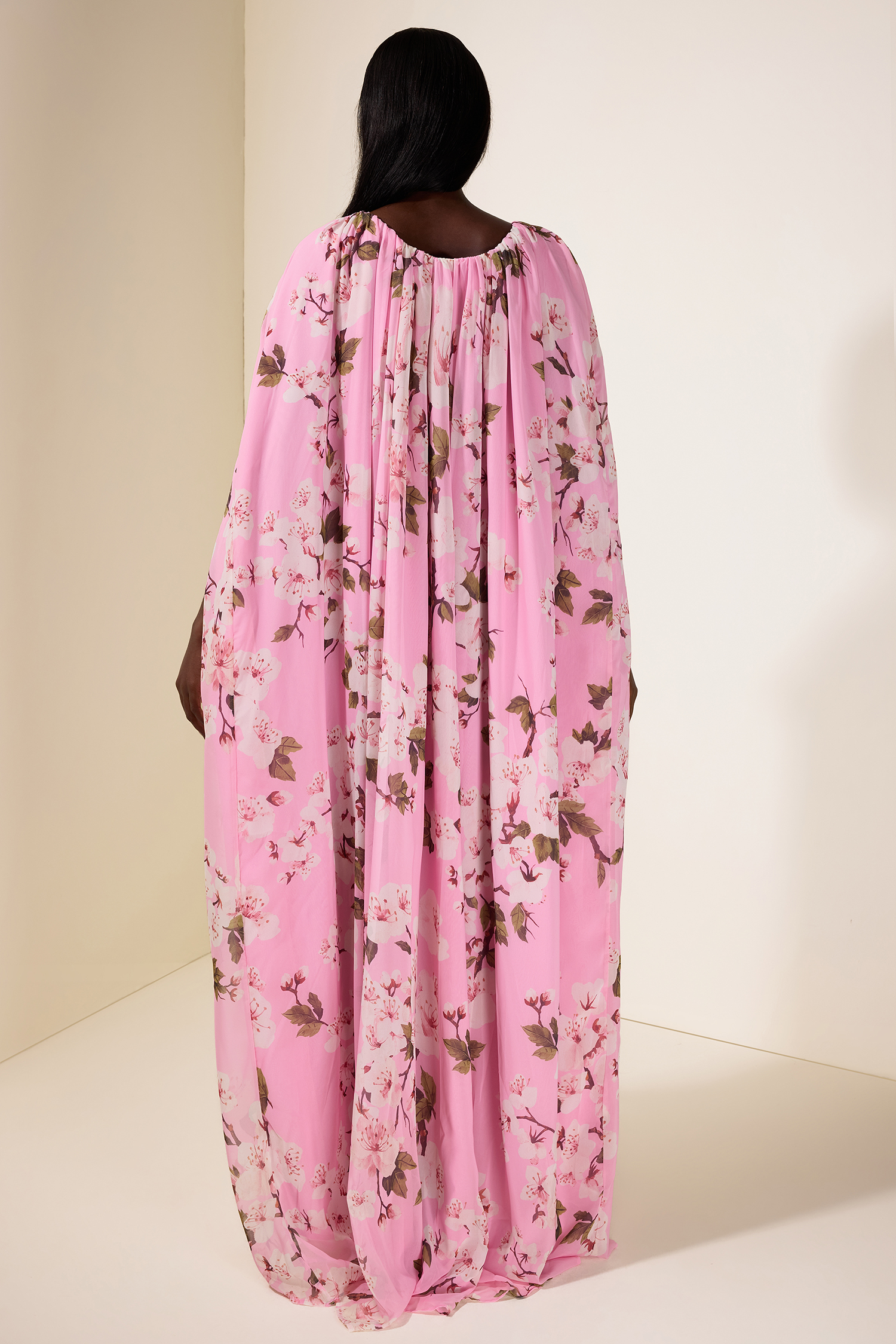 Floral Gathering Cape Sleeve Maxi Dress