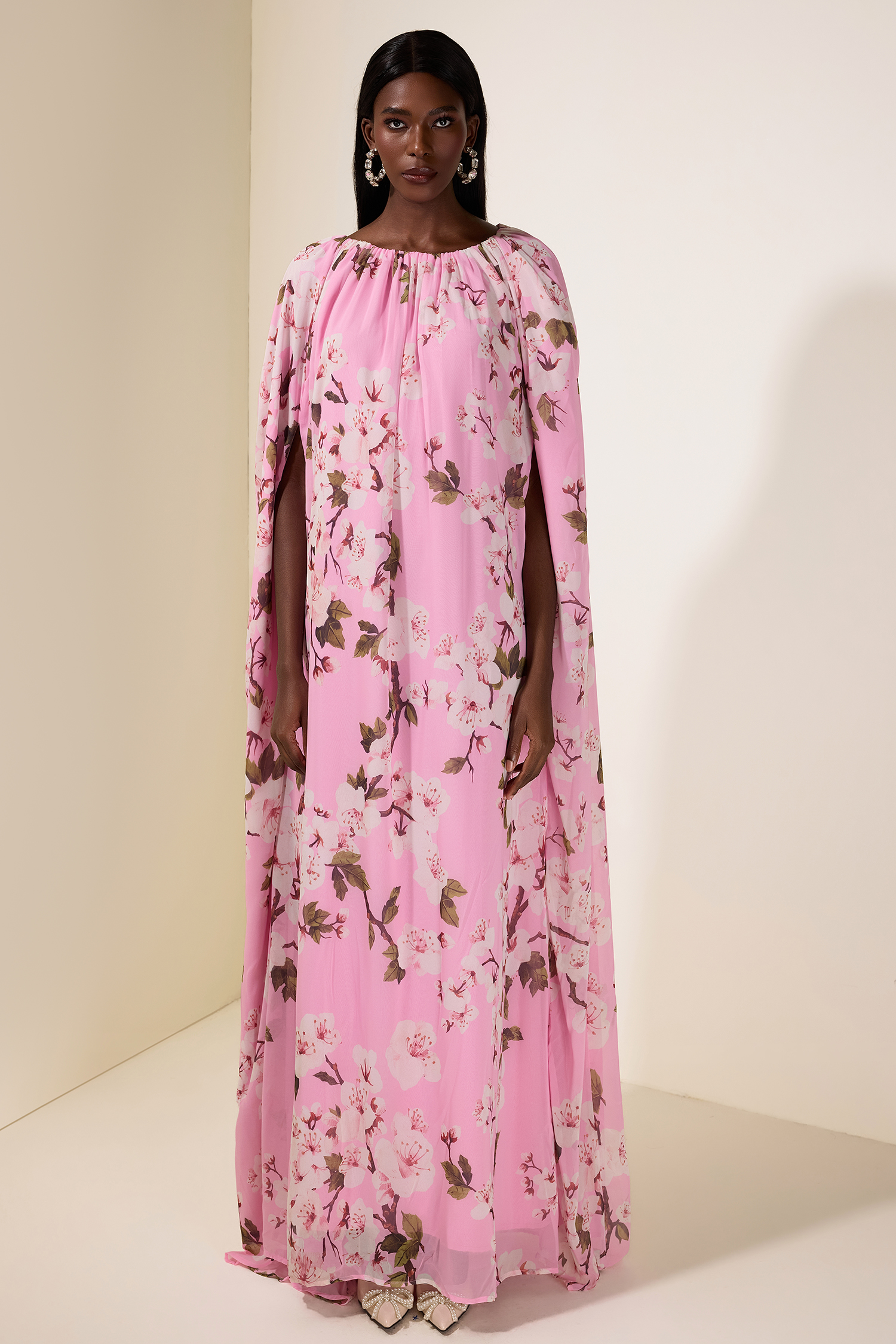 Floral Gathering Cape Sleeve Maxi Dress
