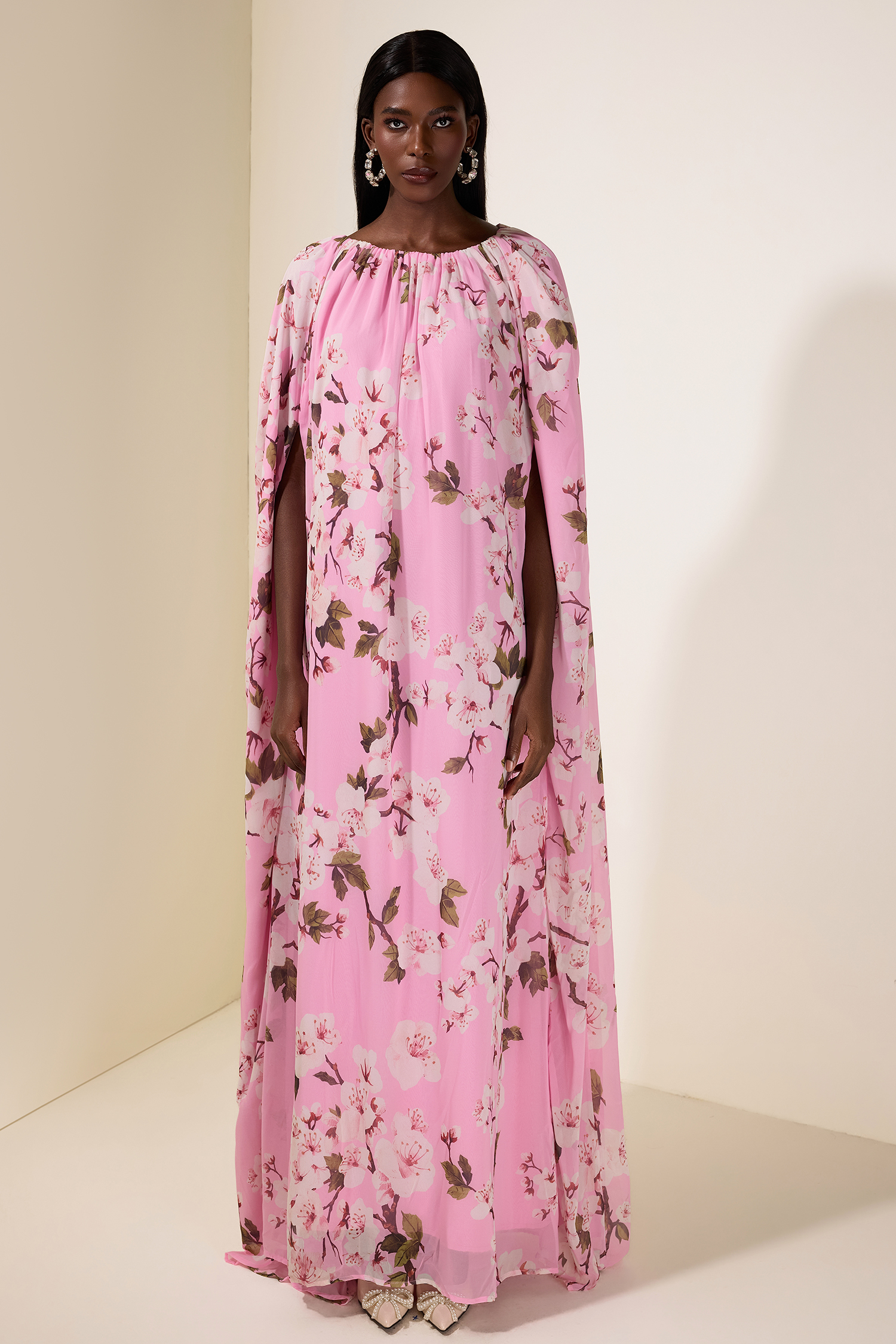 Floral Gathering Cape Sleeve Maxi Dress