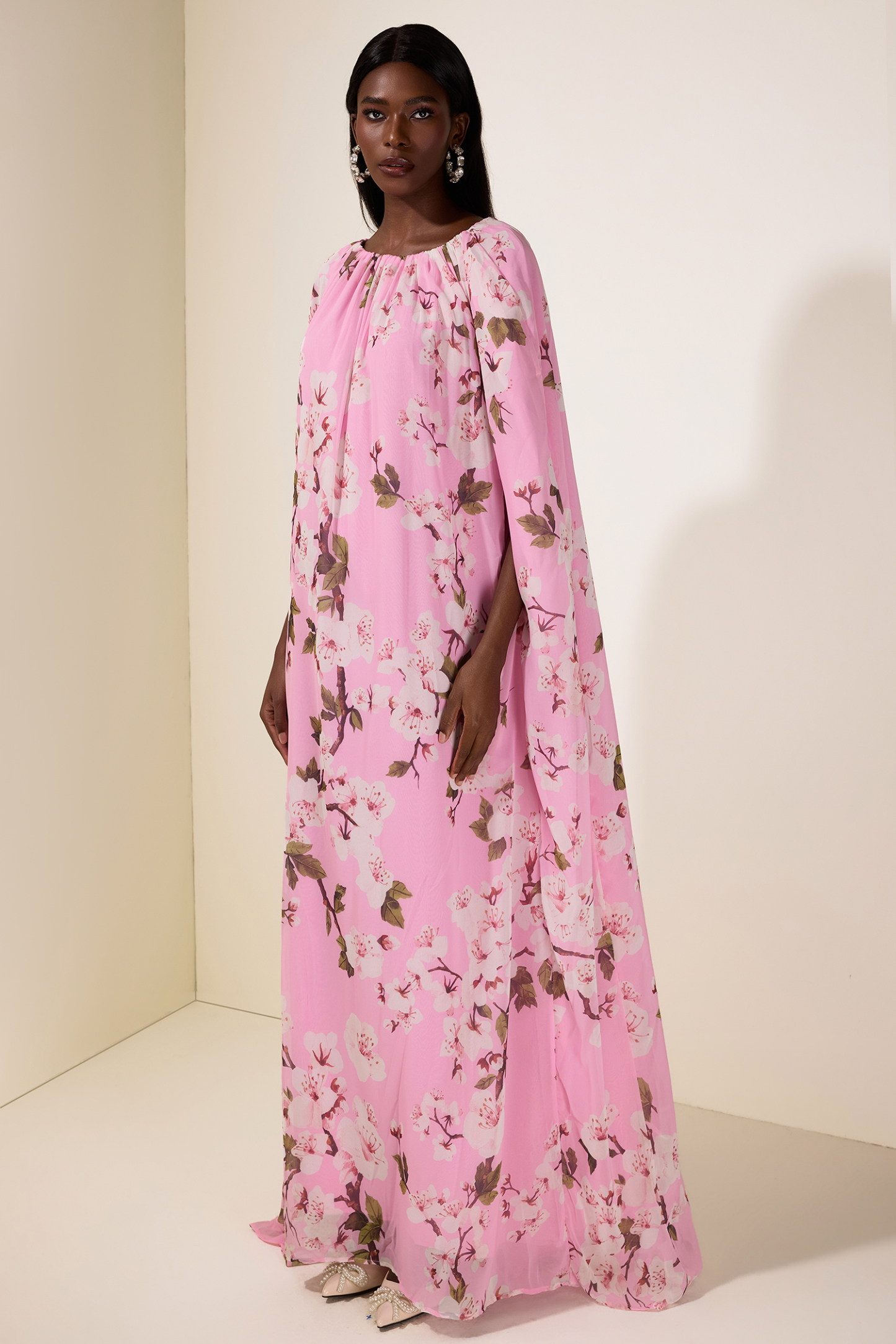 Floral Gathering Cape Sleeve Maxi Dress