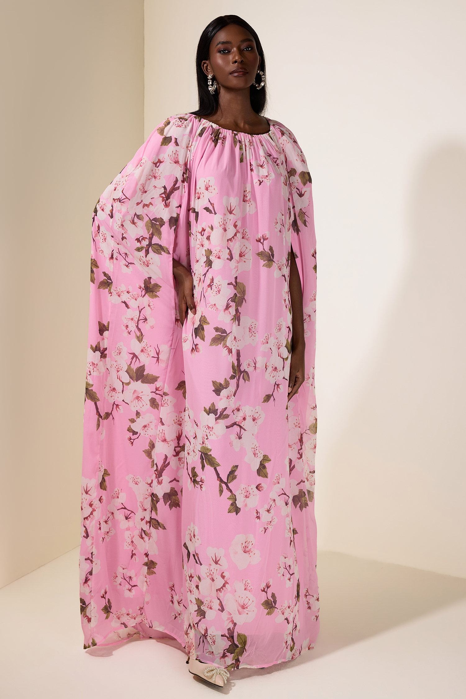 Floral Gathering Cape Sleeve Maxi Dress