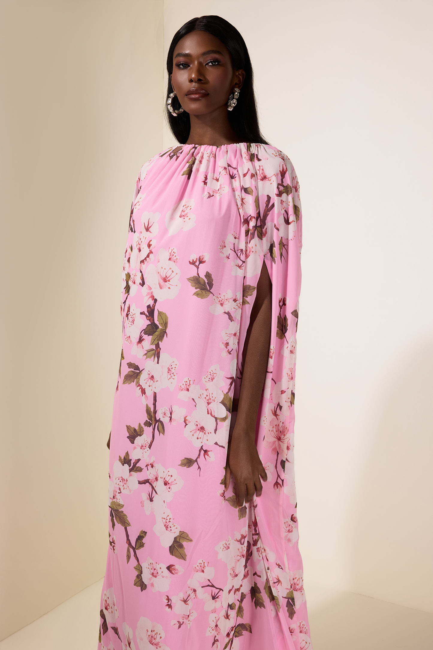 Floral Gathering Cape Sleeve Maxi Dress