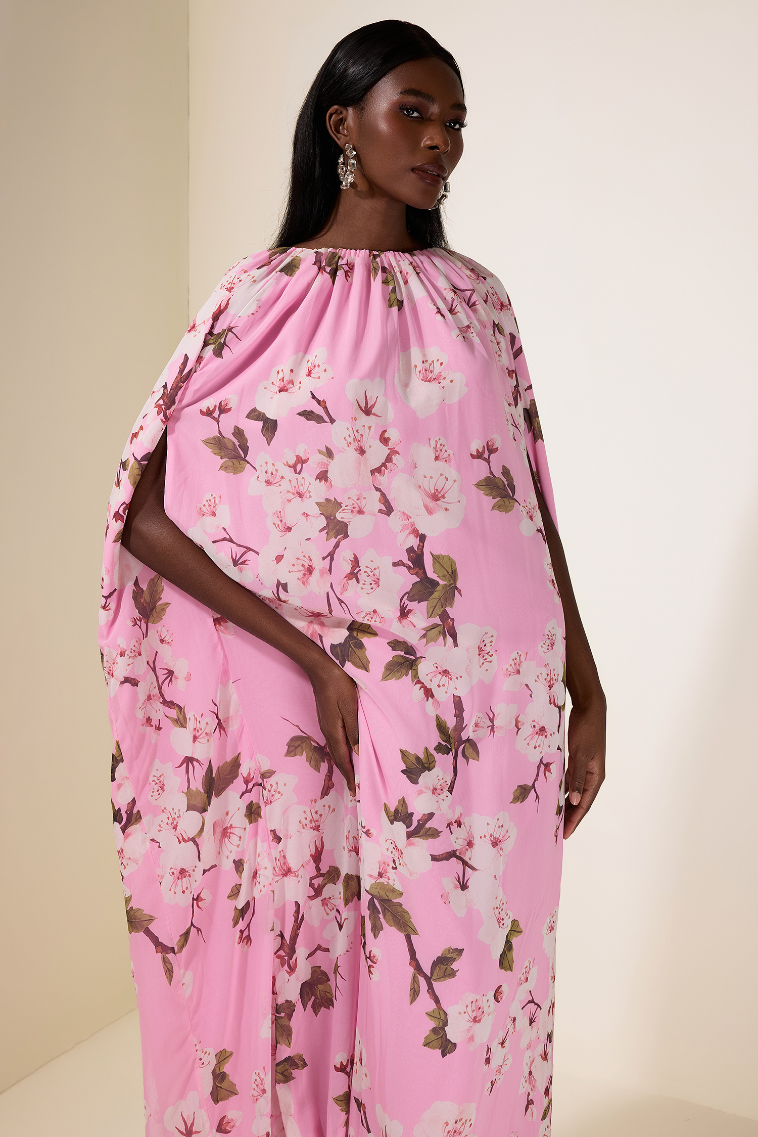 Floral Gathering Cape Sleeve Maxi Dress