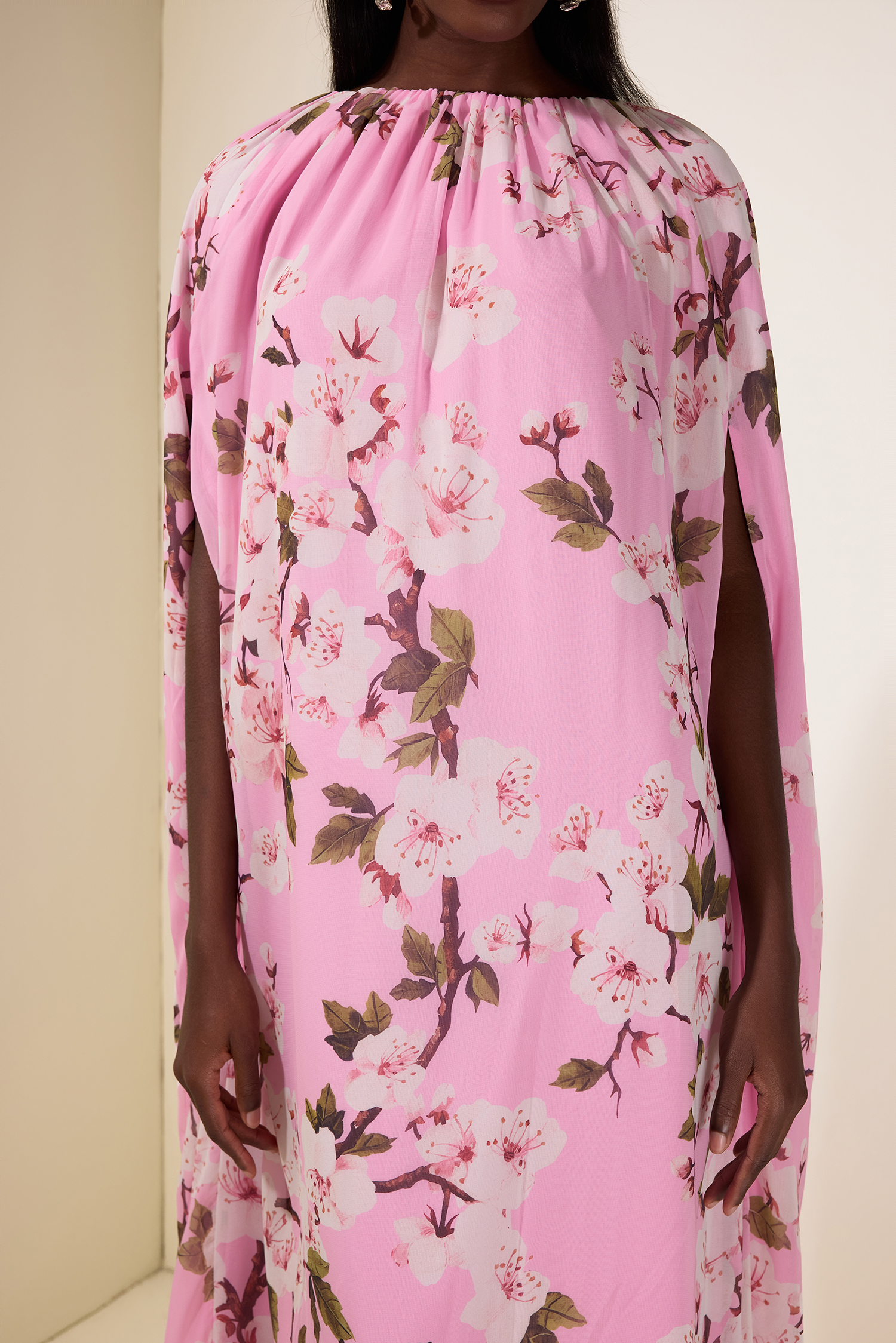 Floral Gathering Cape Sleeve Maxi Dress