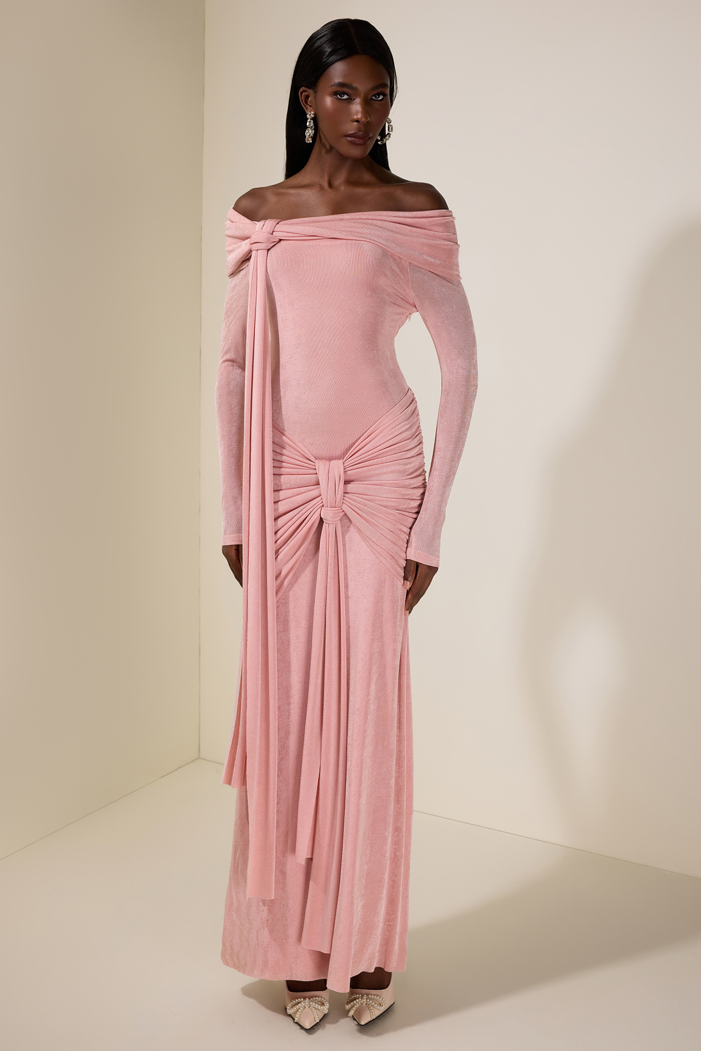 Jersey Knotted Off-Shoulder Maxi Dress