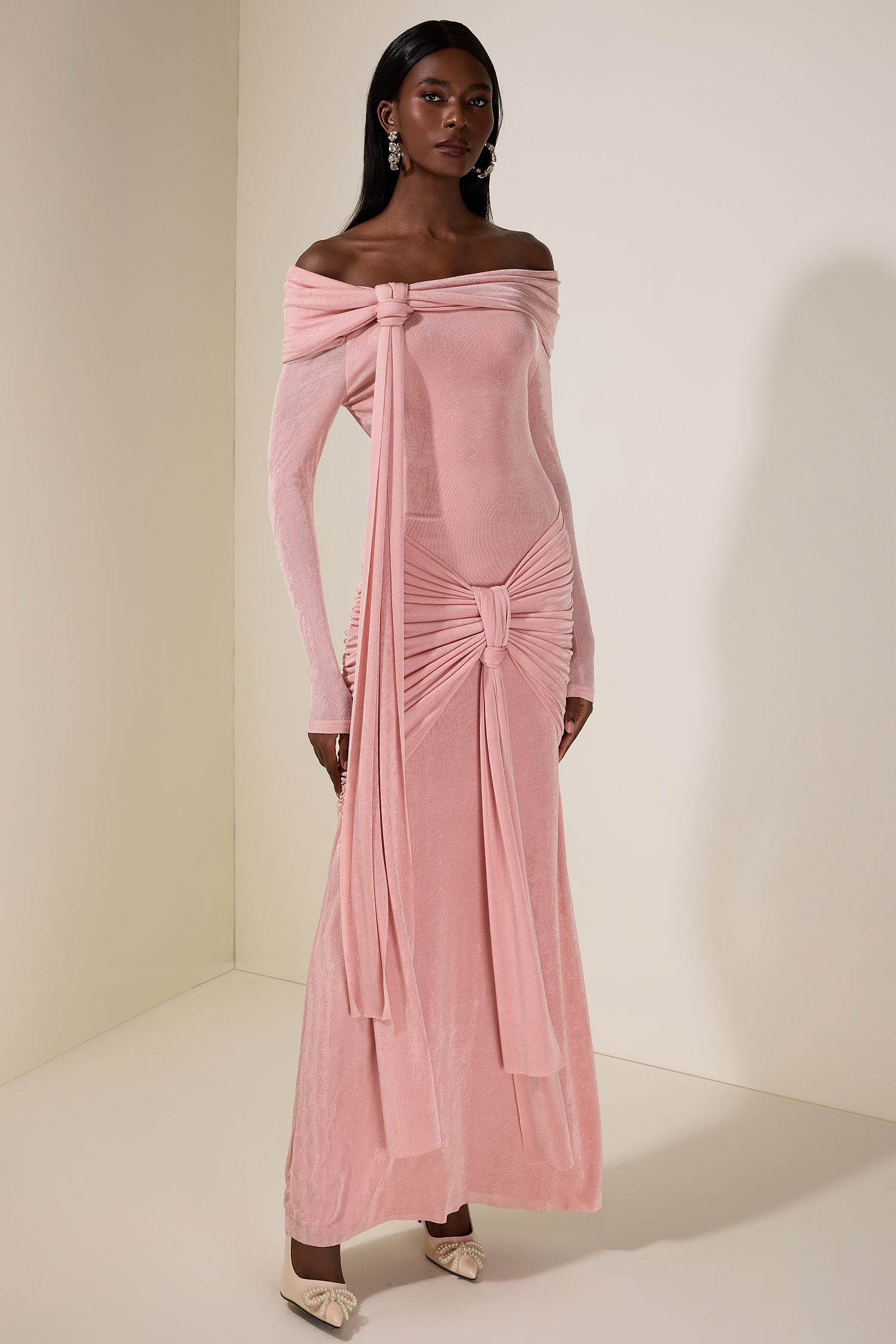 Jersey Knotted Off-Shoulder Maxi Dress
