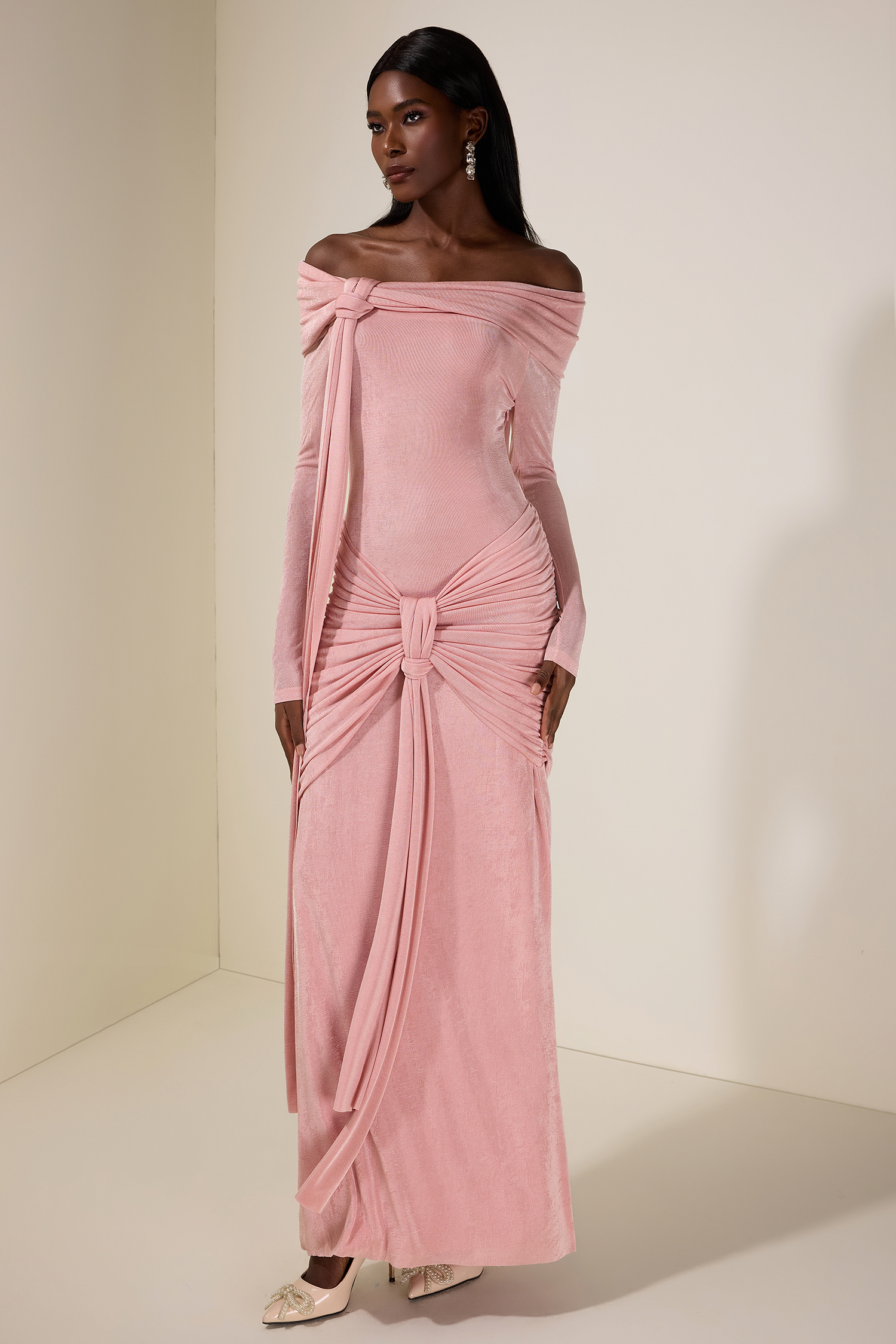 Jersey Knotted Off-Shoulder Maxi Dress