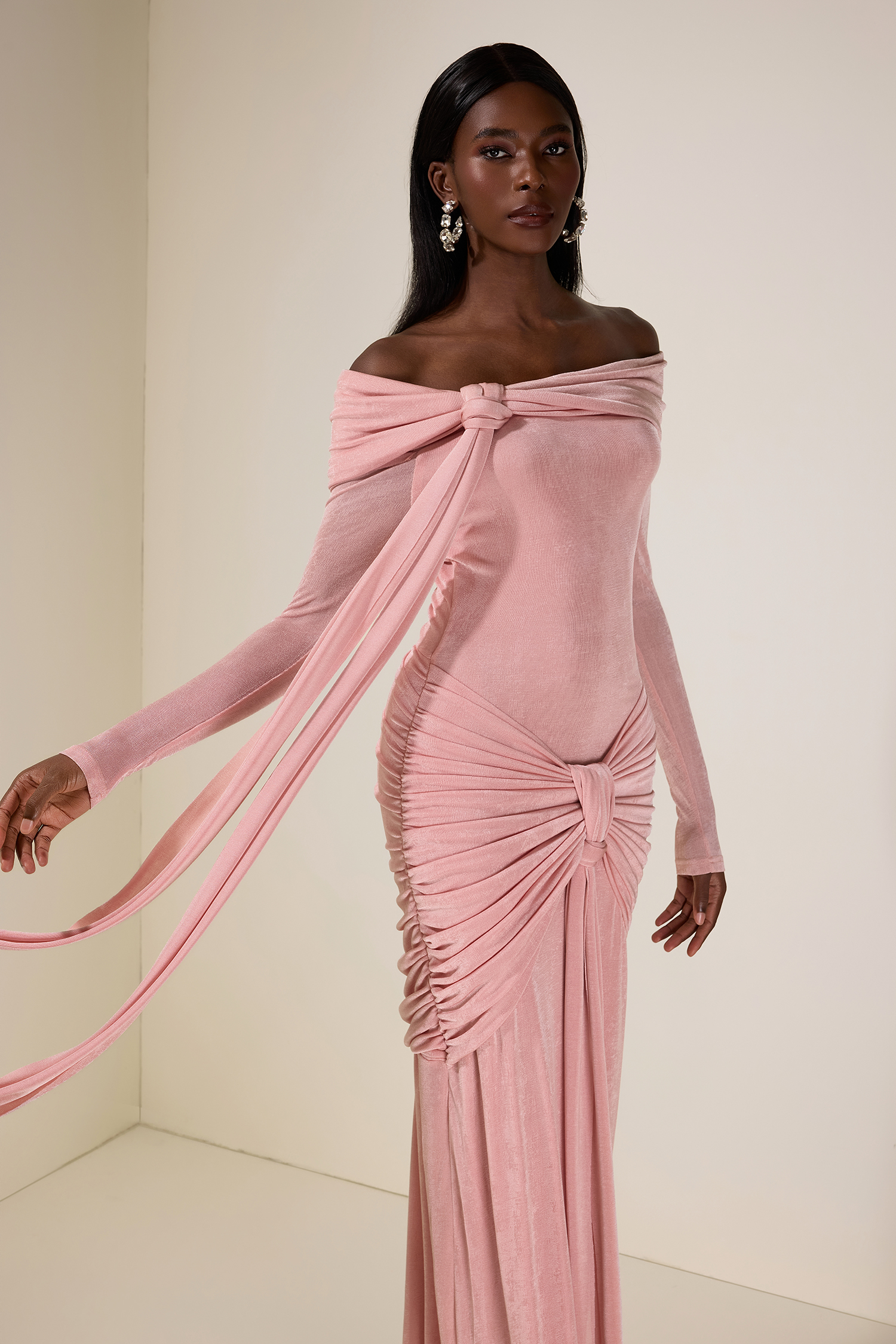 Jersey Knotted Off-Shoulder Maxi Dress