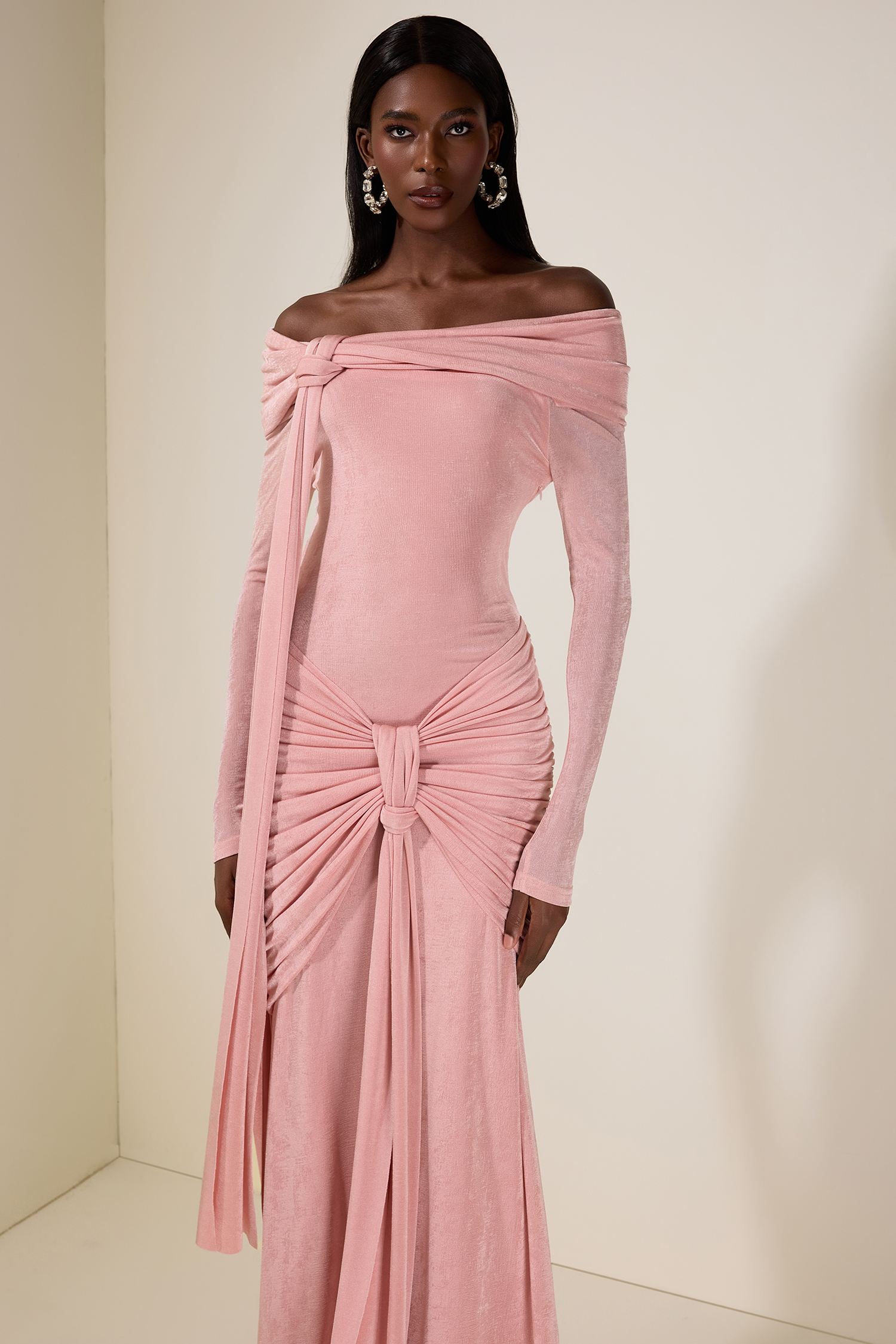 Jersey Knotted Off-Shoulder Maxi Dress
