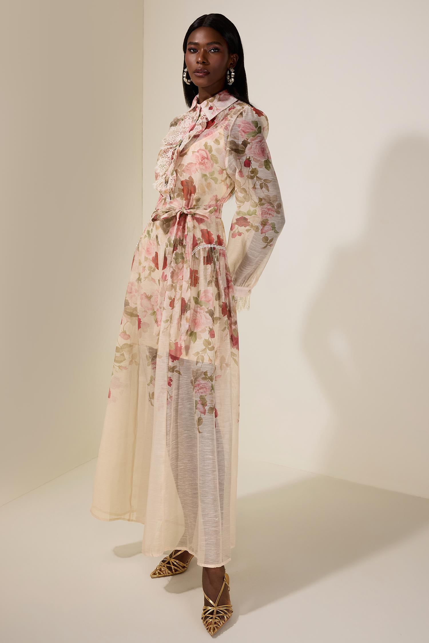 Floral Lace Midi Dress With Belt