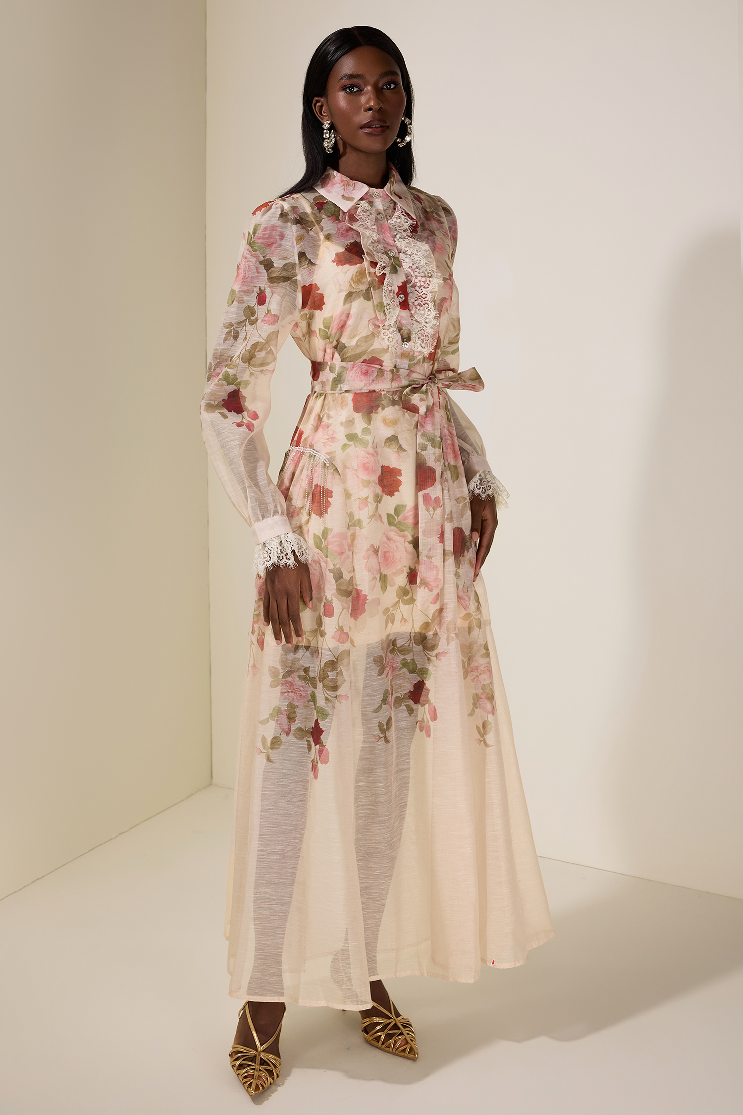 Floral Lace Midi Dress With Belt