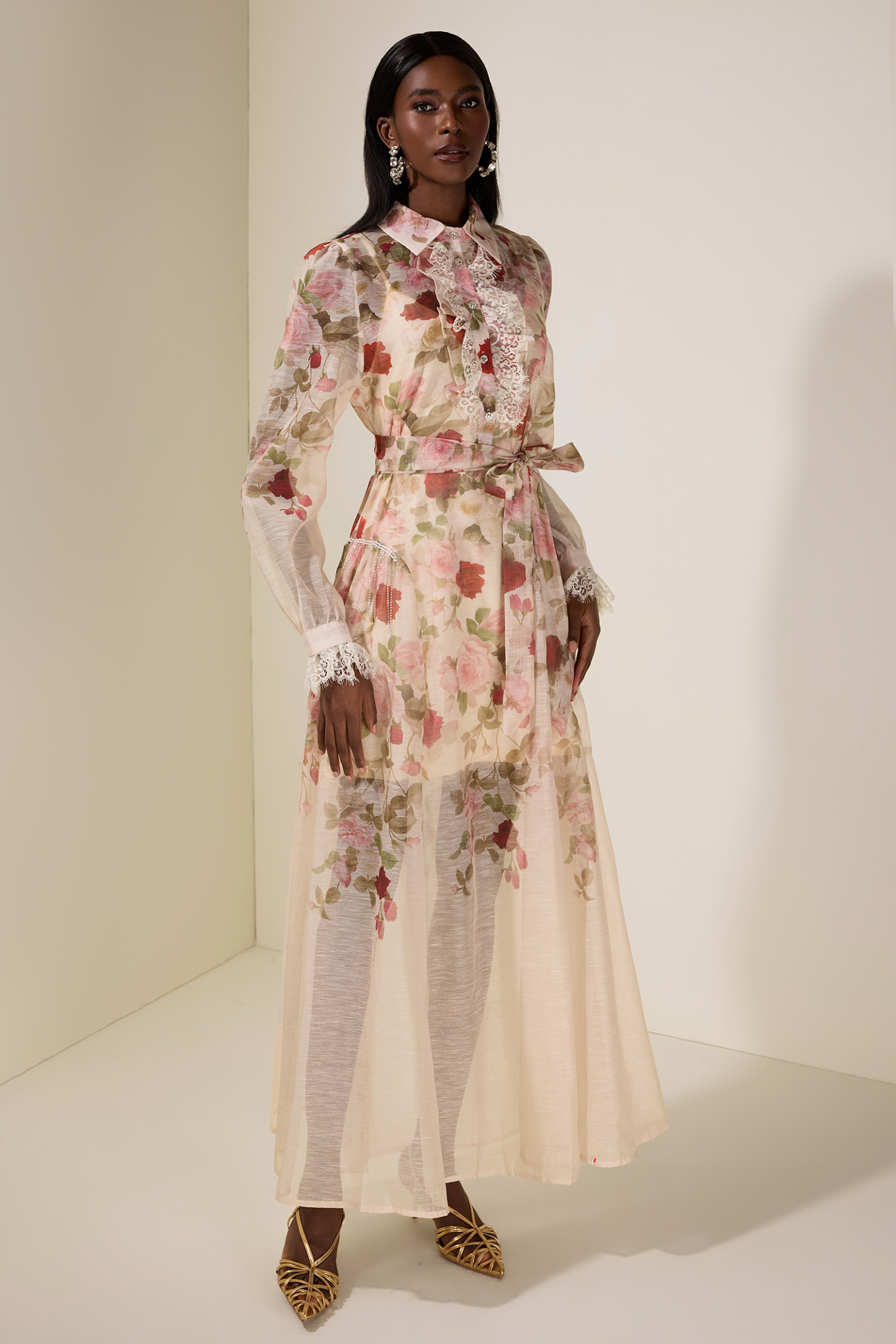 Floral Lace Midi Dress With Belt