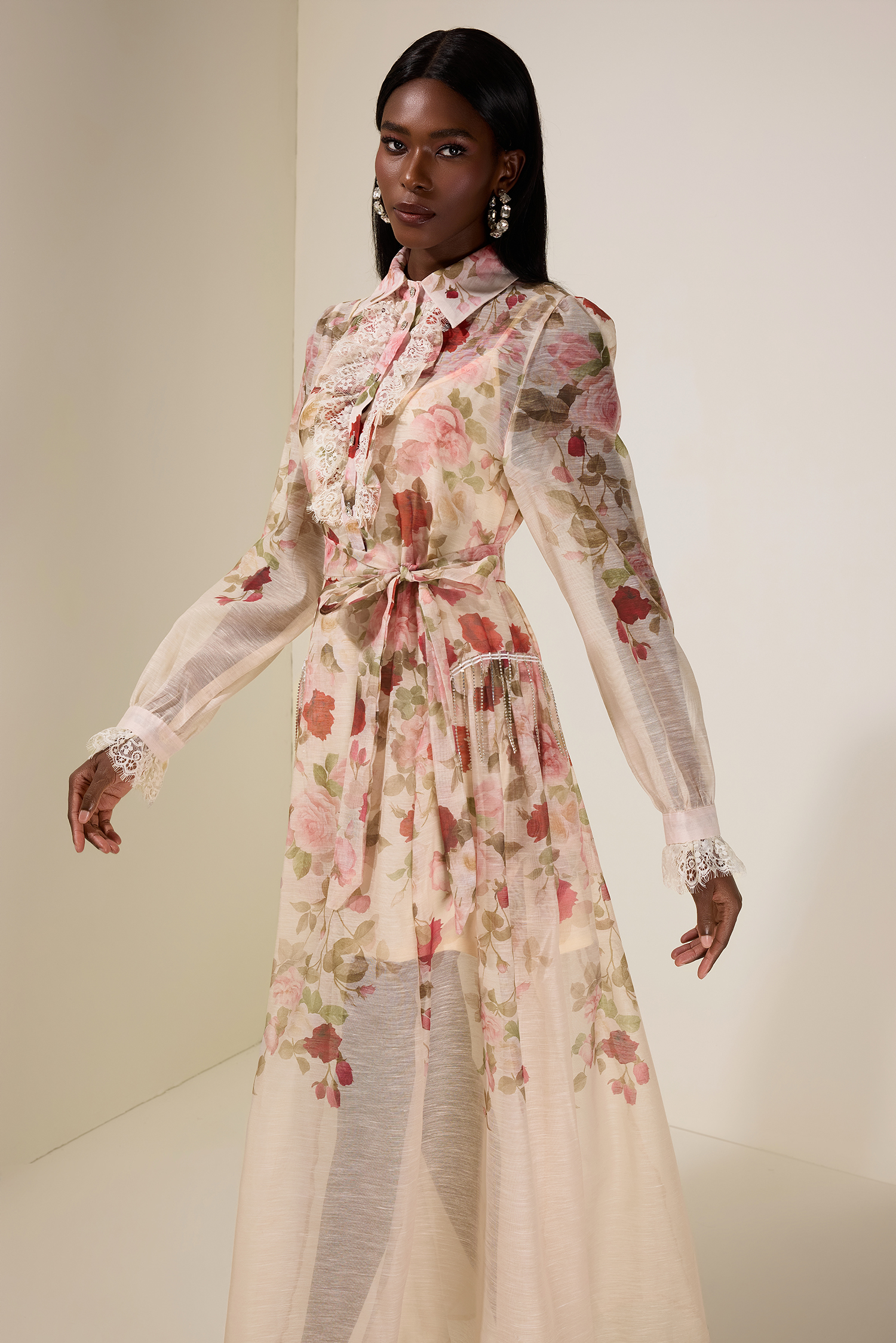 Floral Lace Midi Dress With Belt