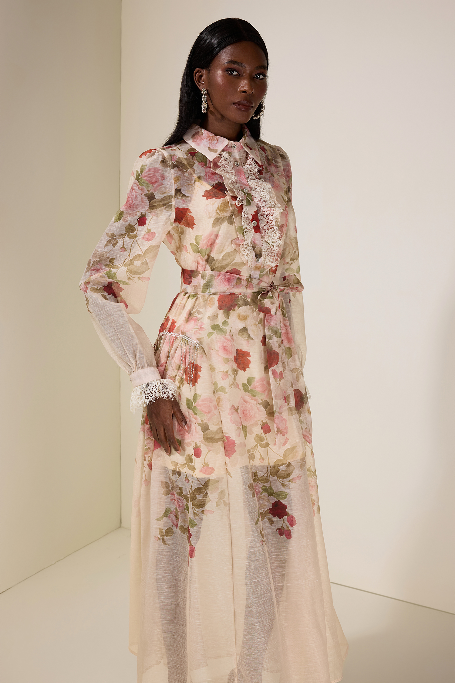 Floral Lace Midi Dress With Belt