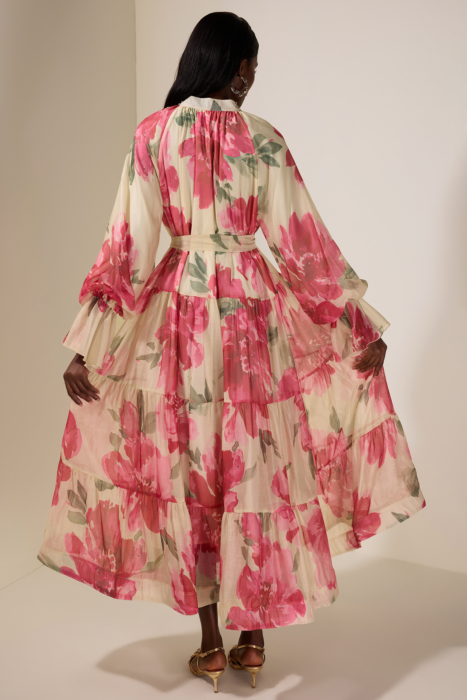 Floral Rhinestone Rivets Ruffle Midi Dress