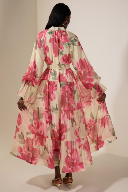 Floral Rhinestone Rivets Ruffle Midi Dress