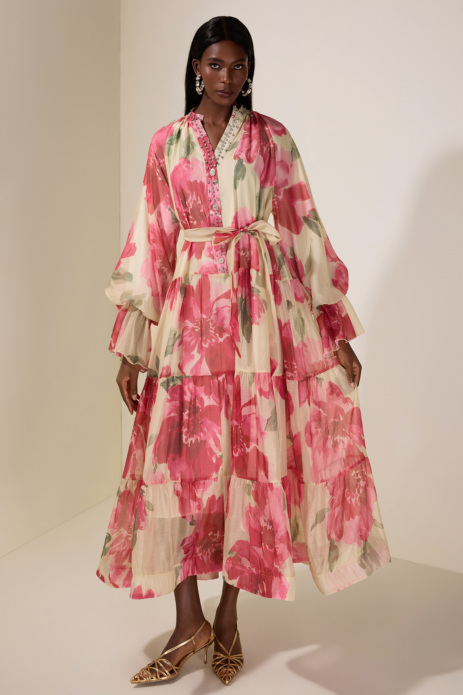 Floral Rhinestone Rivets Ruffle Midi Dress