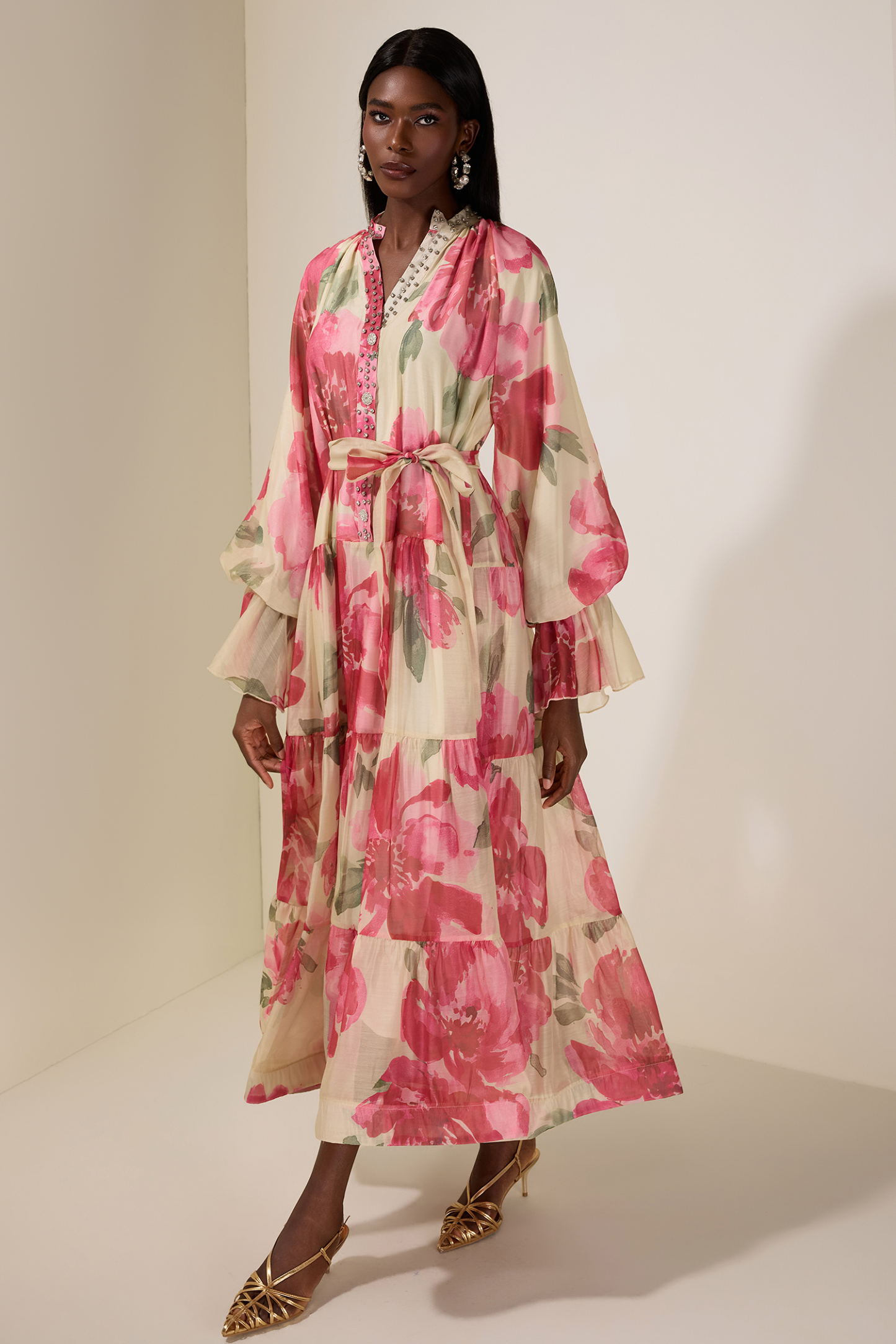 Floral Rhinestone Rivets Ruffle Midi Dress