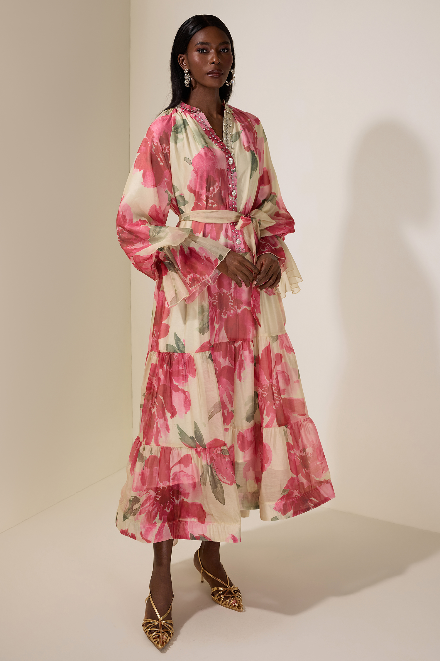 Floral Rhinestone Rivets Ruffle Midi Dress