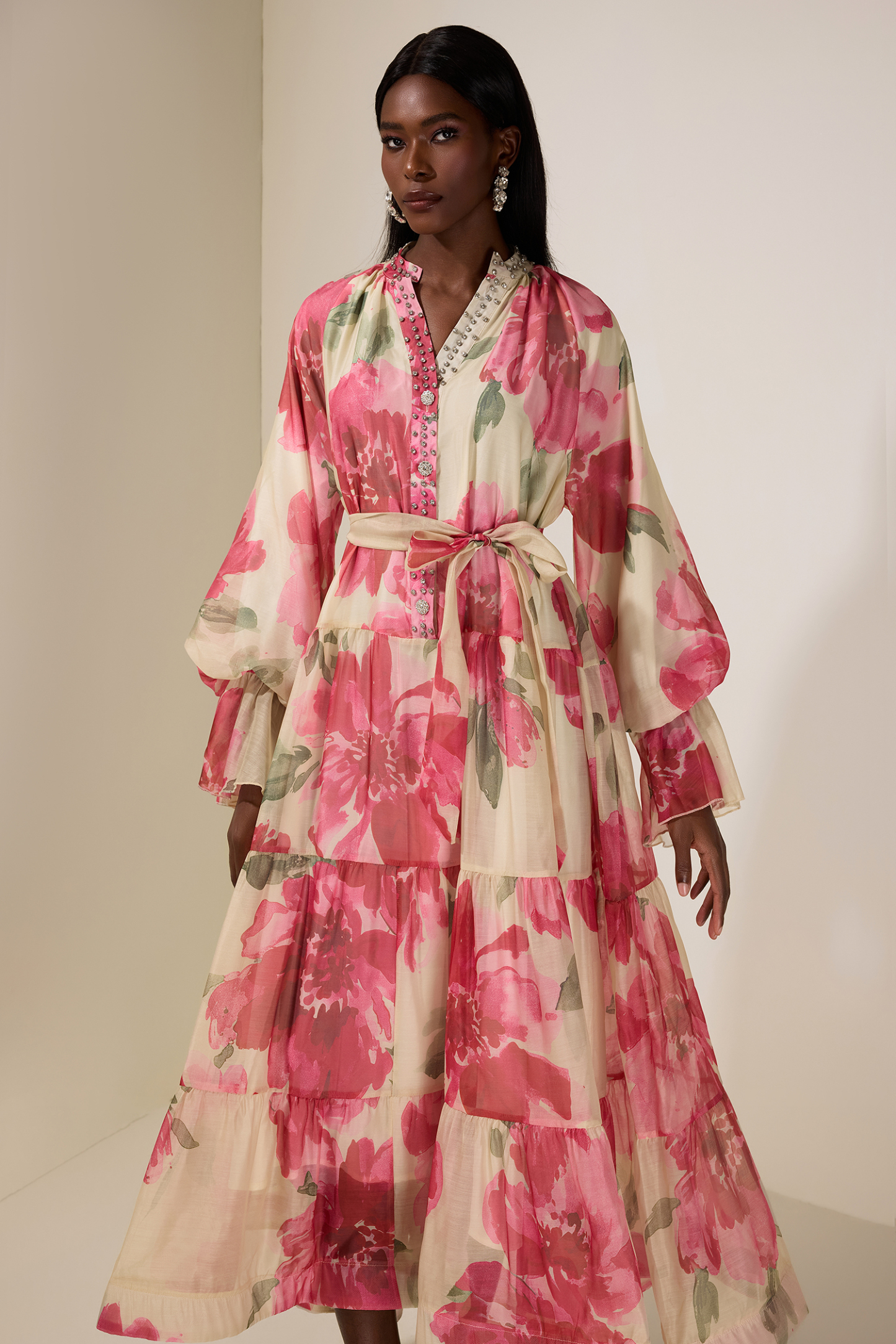 Floral Rhinestone Rivets Ruffle Midi Dress