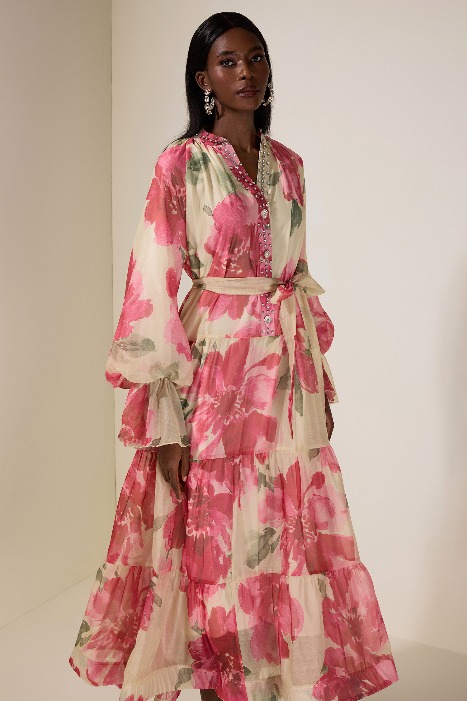 Floral Rhinestone Rivets Ruffle Midi Dress