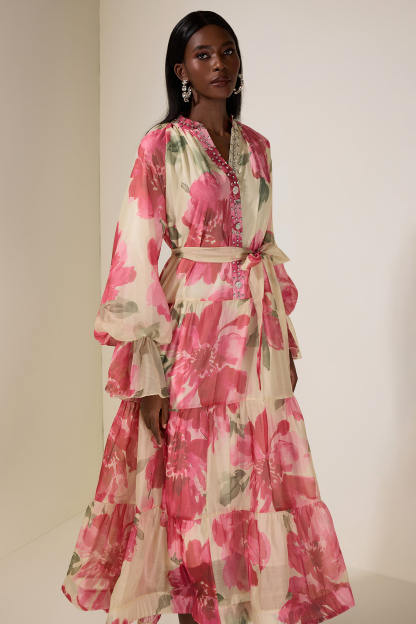 Floral Rhinestone Rivets Ruffle Midi Dress