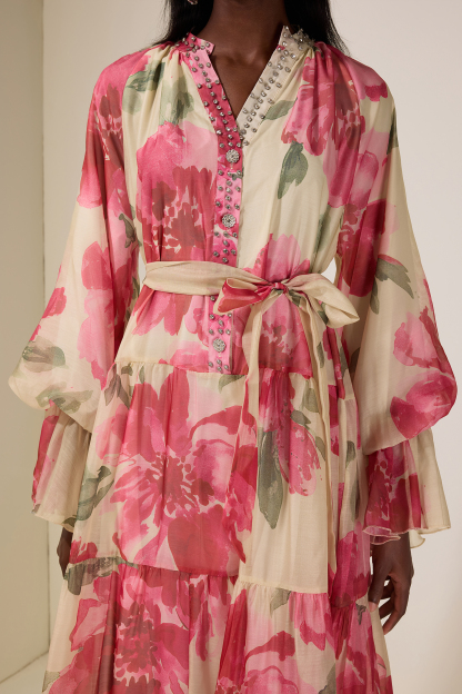 Floral Rhinestone Rivets Ruffle Midi Dress