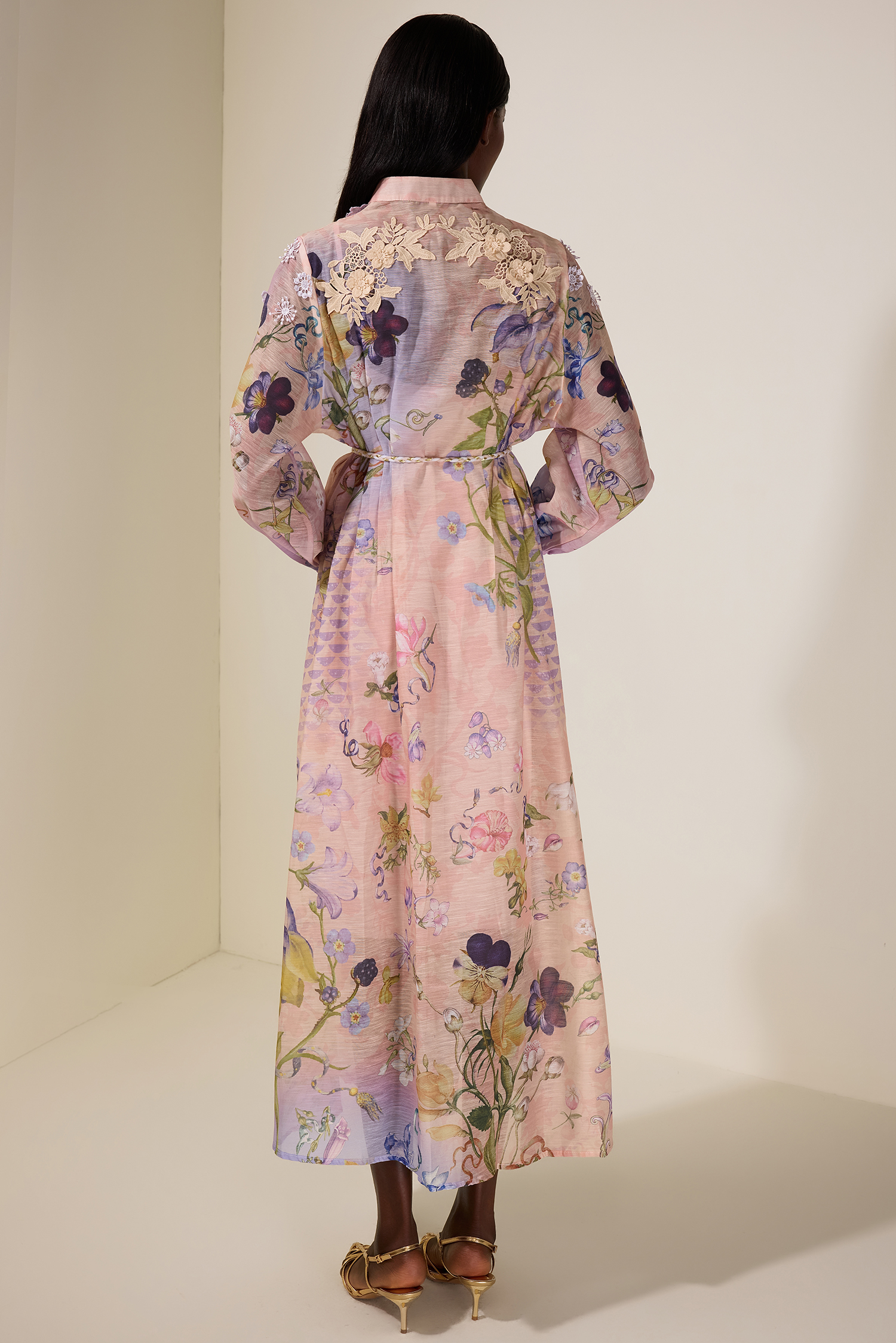 Floral Embroidered Lantern Sleeve Midi Dress