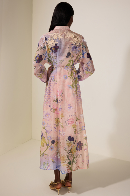 Floral Embroidered Lantern Sleeve Midi Dress