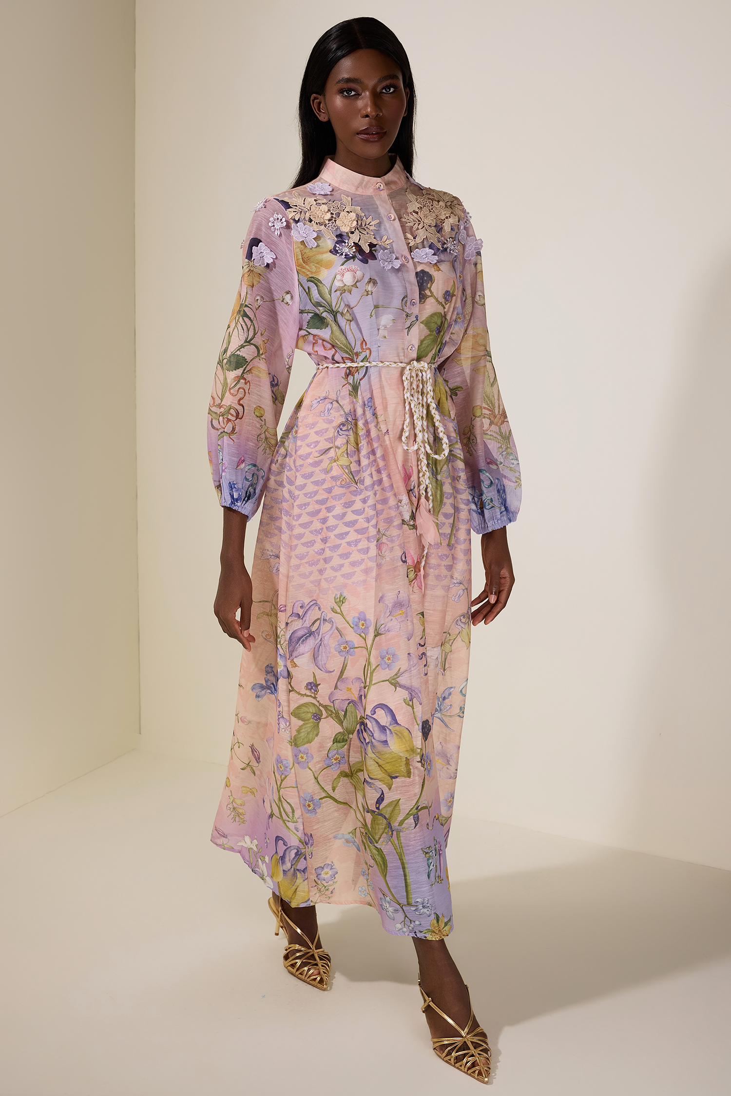 Floral Embroidered Lantern Sleeve Midi Dress