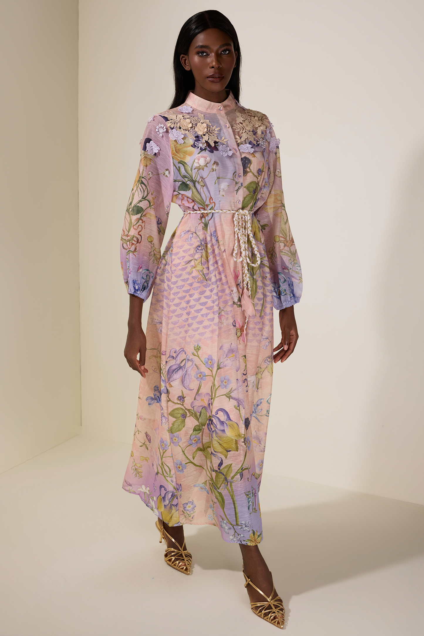 Floral Embroidered Lantern Sleeve Midi Dress