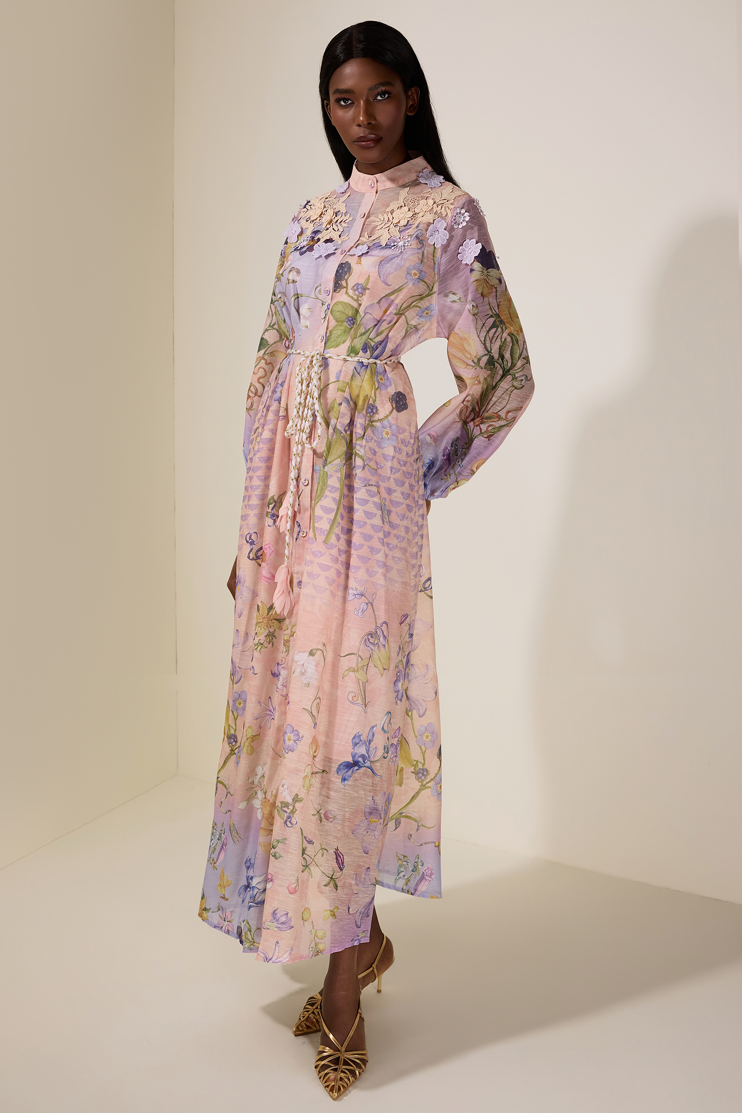 Floral Embroidered Lantern Sleeve Midi Dress