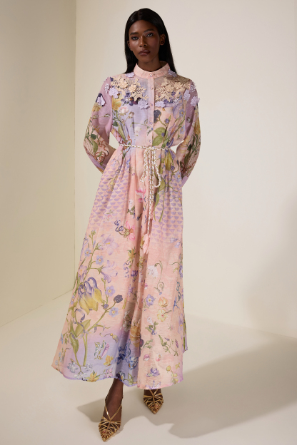 Floral Embroidered Lantern Sleeve Midi Dress