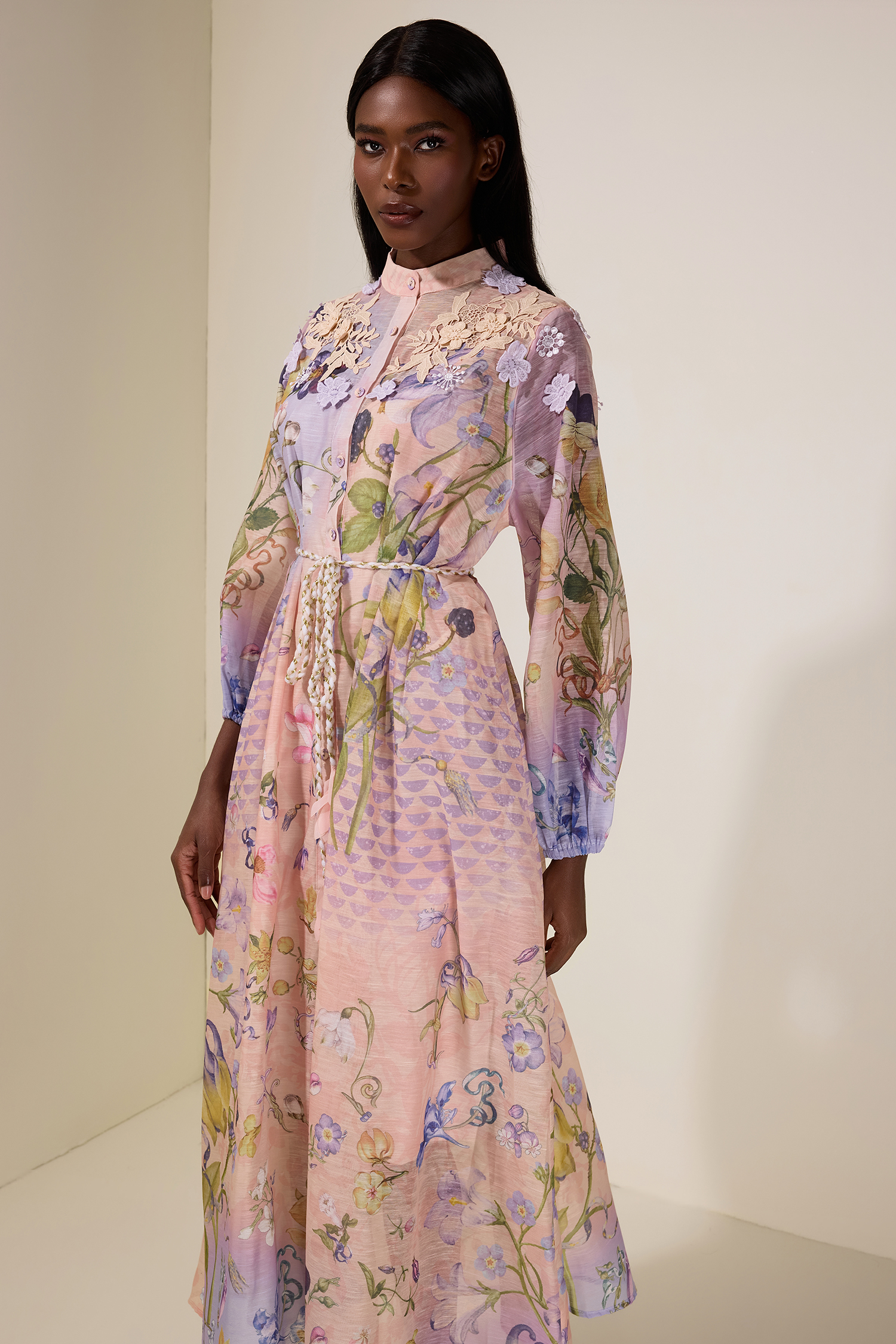 Floral Embroidered Lantern Sleeve Midi Dress