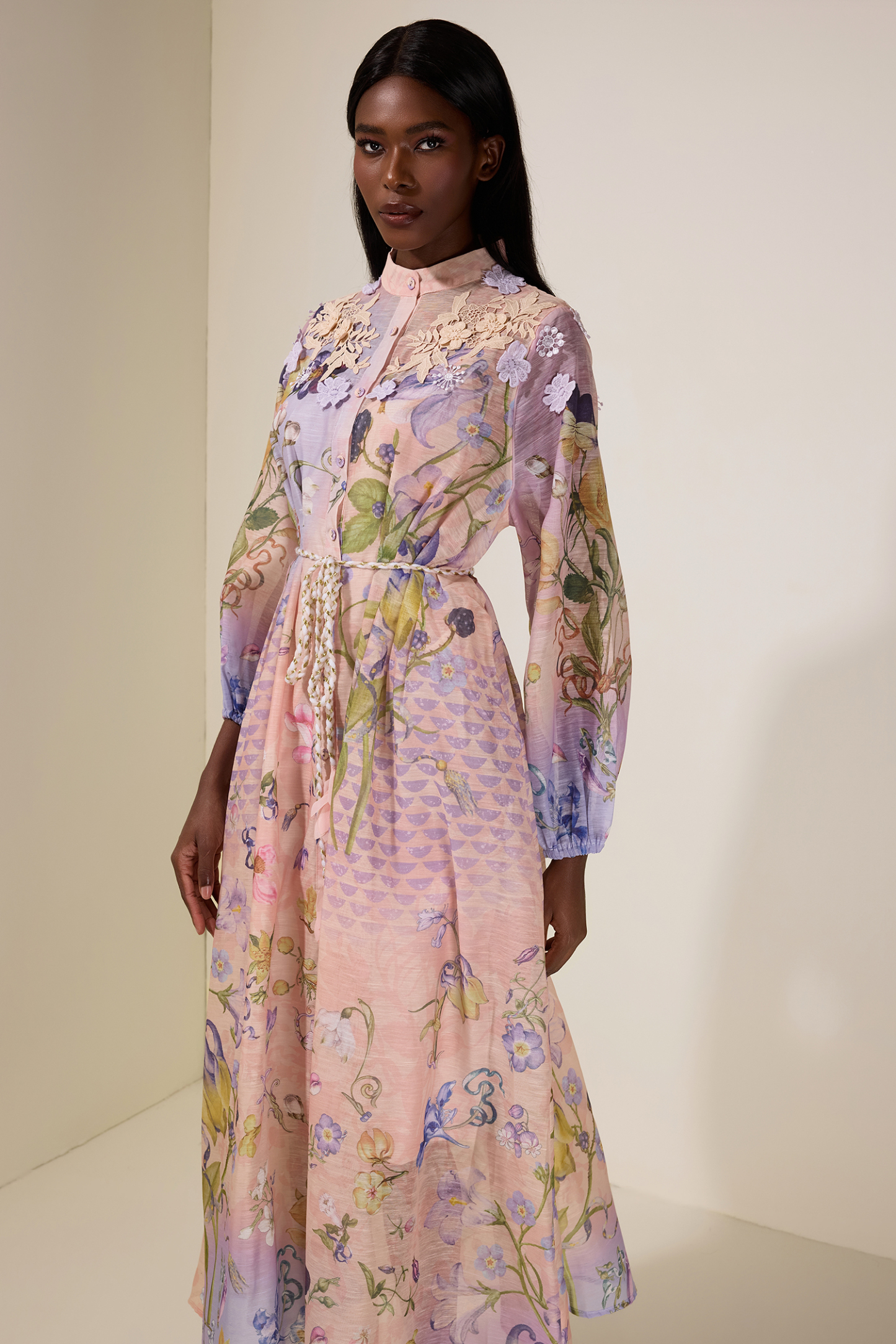 Floral Embroidered Lantern Sleeve Midi Dress