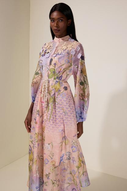 Floral Embroidered Lantern Sleeve Midi Dress