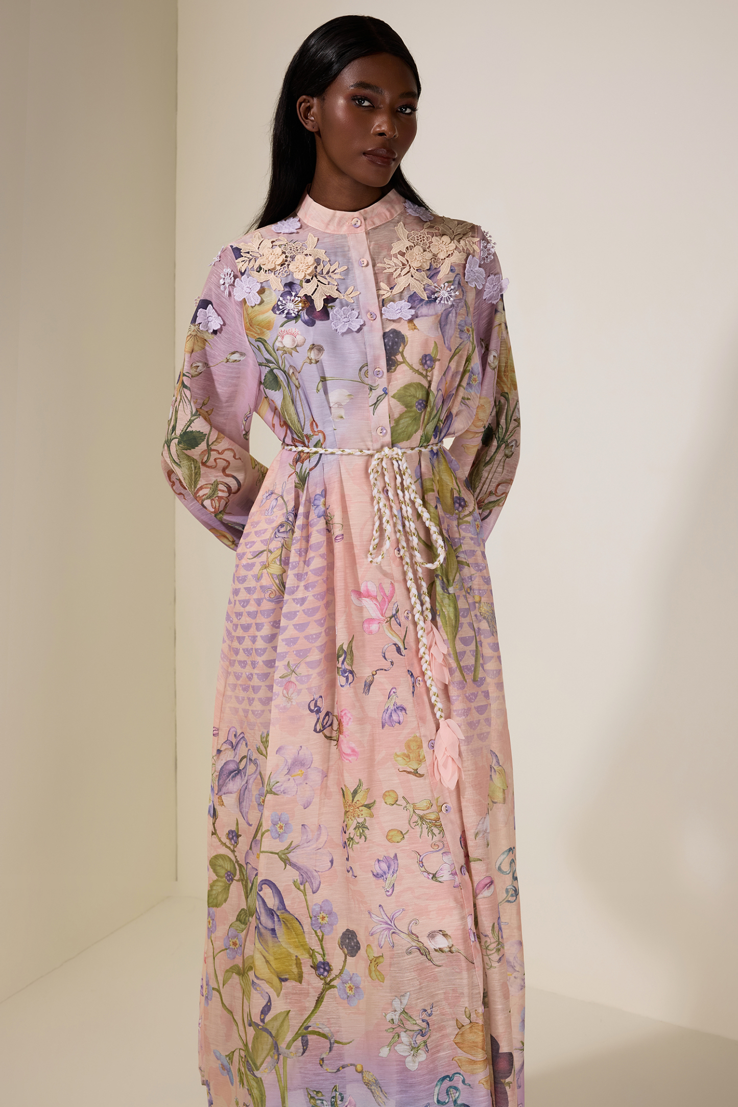 Floral Embroidered Lantern Sleeve Midi Dress