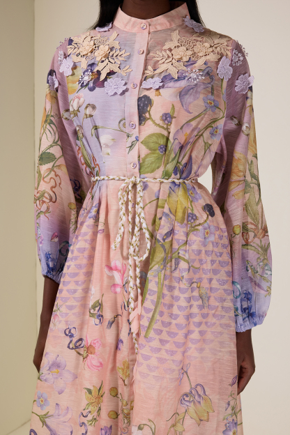 Floral Embroidered Lantern Sleeve Midi Dress