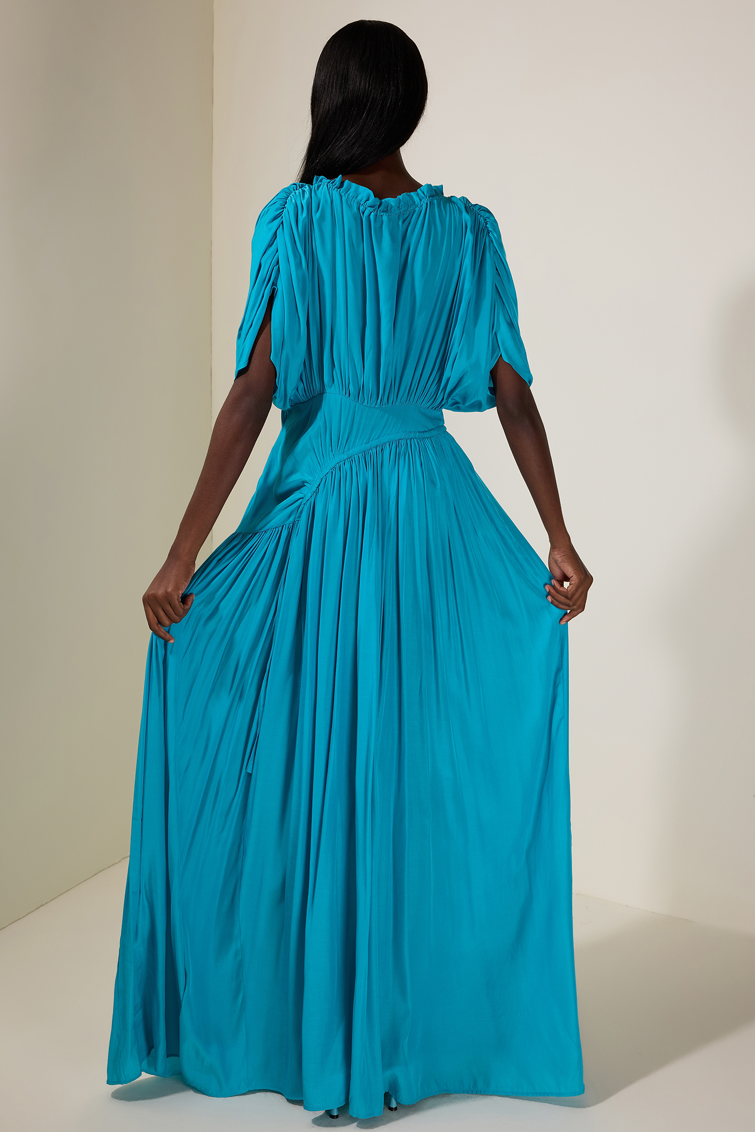 Solid Shirring Tie-Up Maxi Dress