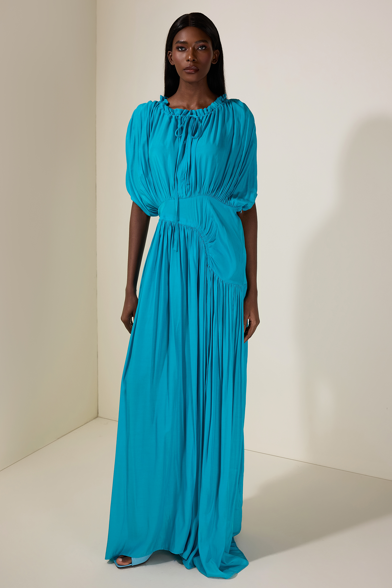 Solid Shirring Tie-Up Maxi Dress