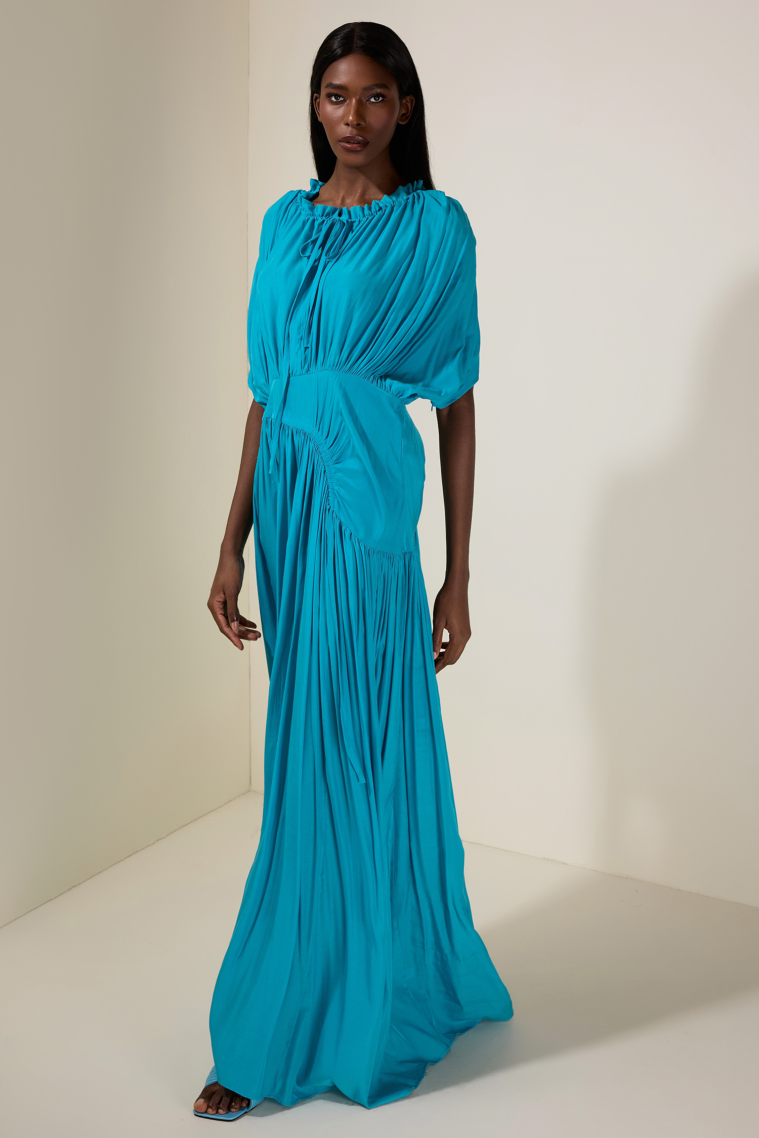 Solid Shirring Tie-Up Maxi Dress