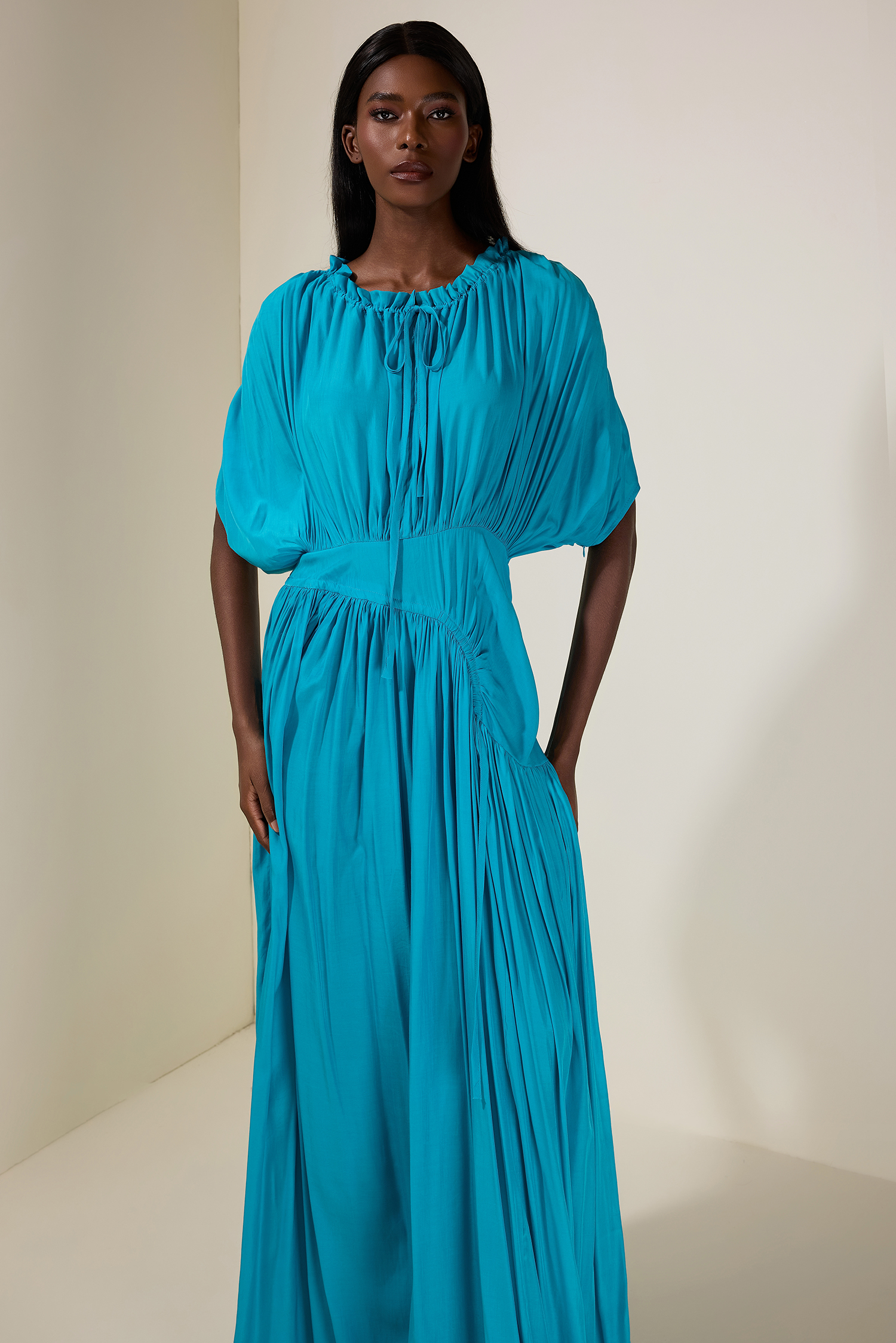 Solid Shirring Tie-Up Maxi Dress