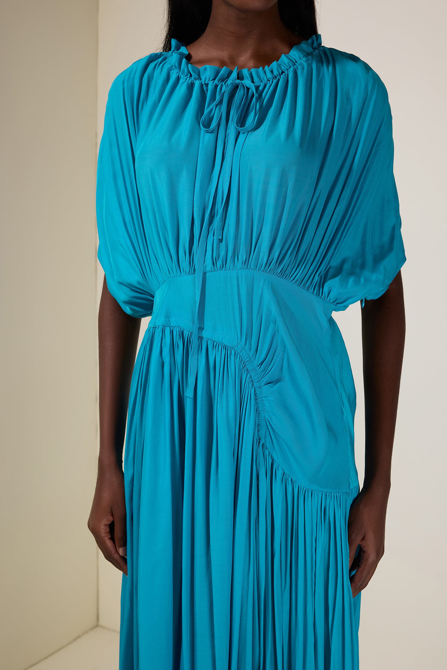 Solid Shirring Tie-Up Maxi Dress