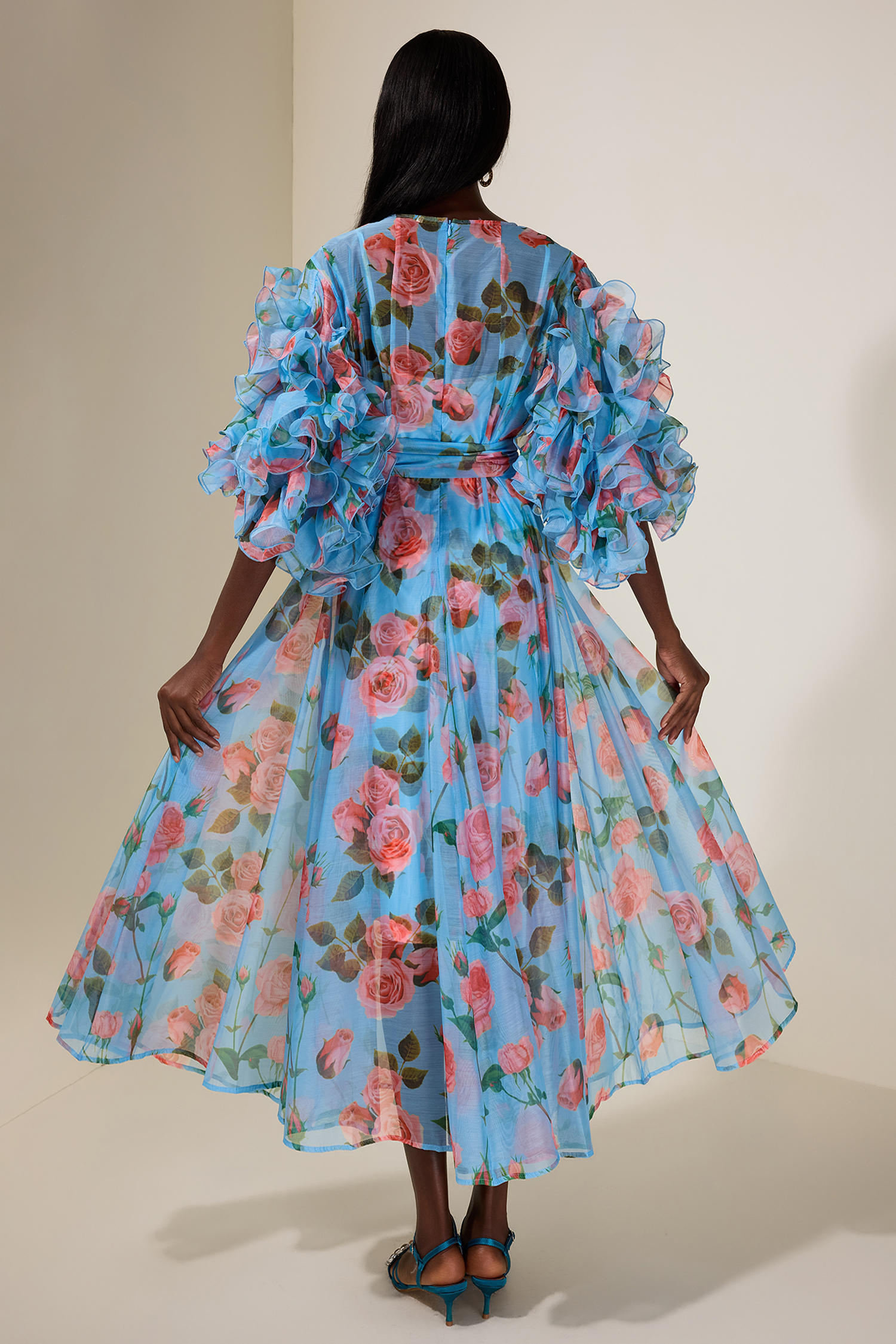 Floral Ruffle Midi Dress With Belt