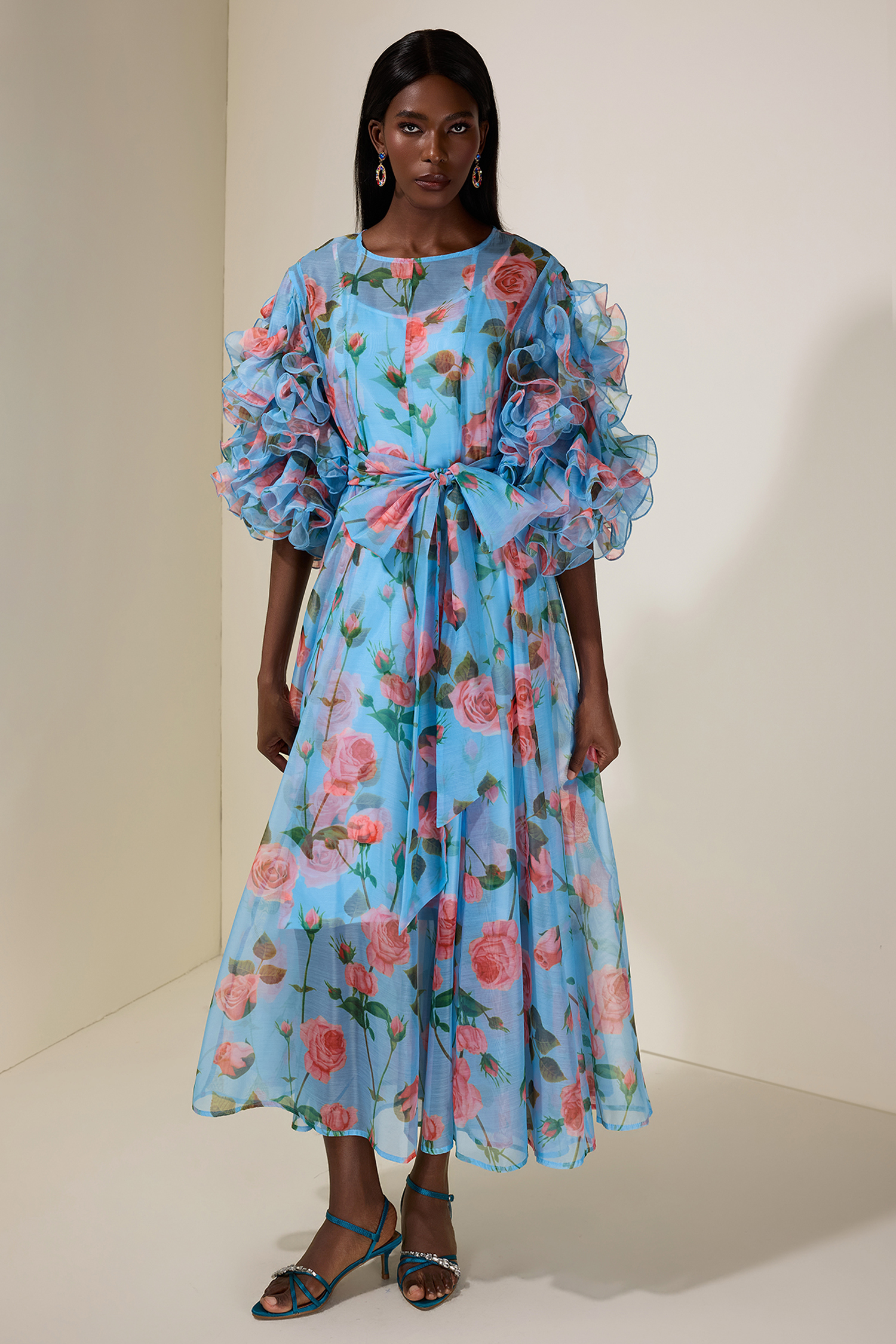 Floral Ruffle Midi Dress With Belt