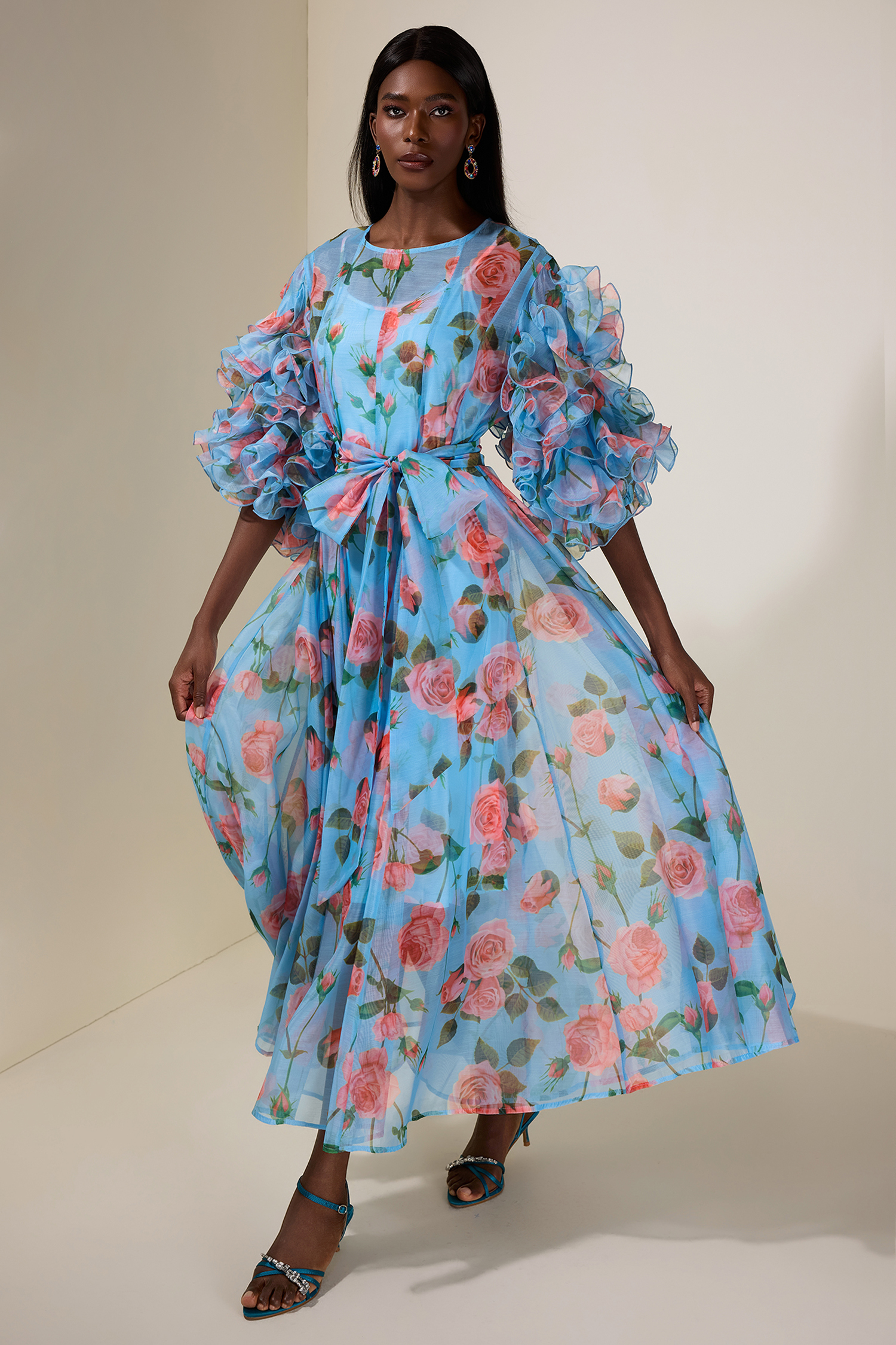 Floral Ruffle Midi Dress With Belt