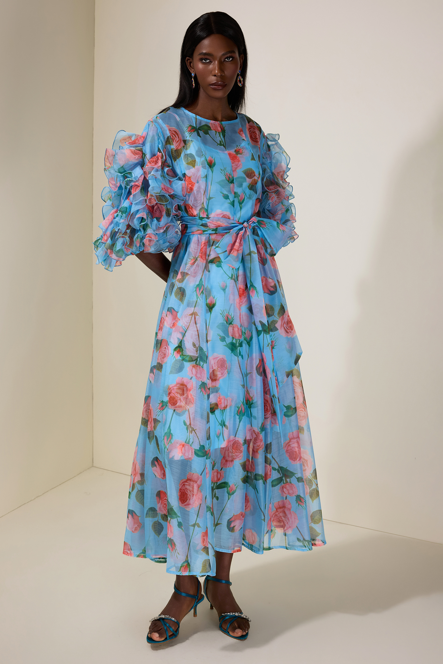 Floral Ruffle Midi Dress With Belt