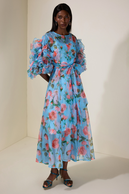 Floral Ruffle Midi Dress With Belt